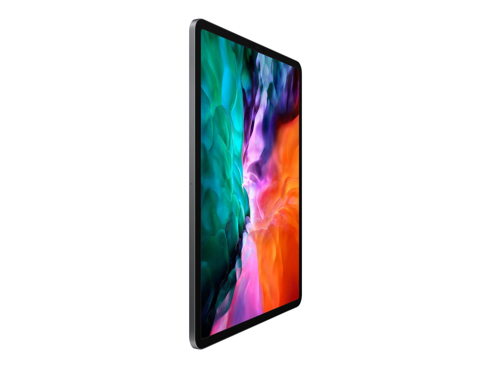 Ein Apple iPad Pro, Seitenansicht, mit farbenfrohem Bildschirm und silbernem Rahmen.