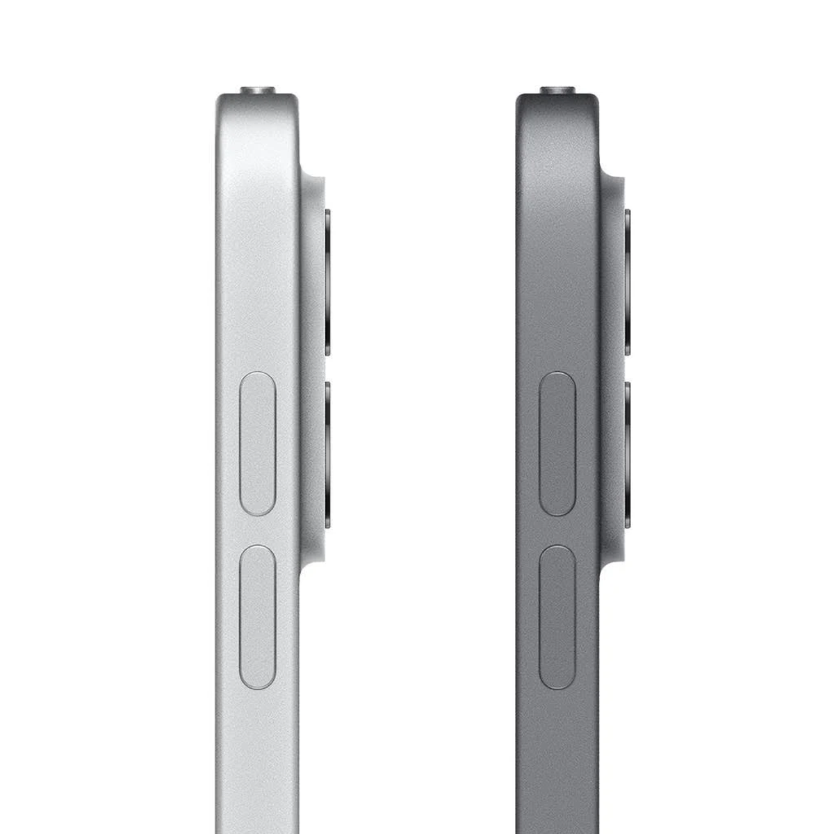 Zwei graue Tablets nebeneinander, die Kante mit Kamera- und Tasten-Details zeigend.