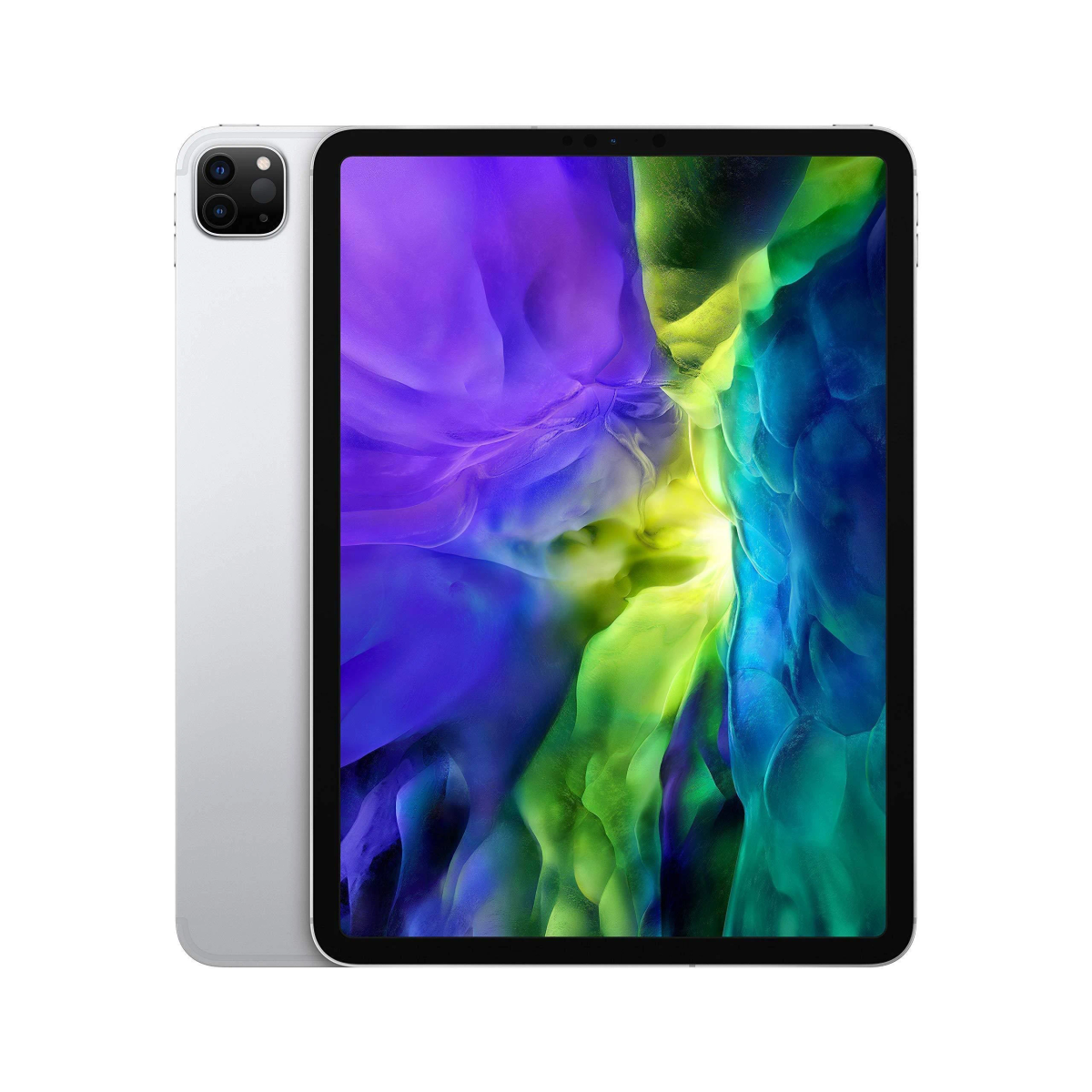 Silbernes Tablet mit farbenfroher Bildschirmanzeige. Weißer Hintergrund.
