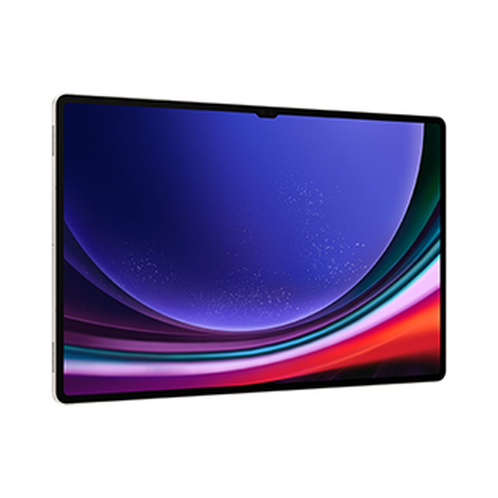 Ein Tablet mit einem großen Bildschirm, der farbenfrohe Wellen zeigt. Das Gerät befindet sich auf weißem Hintergrund.