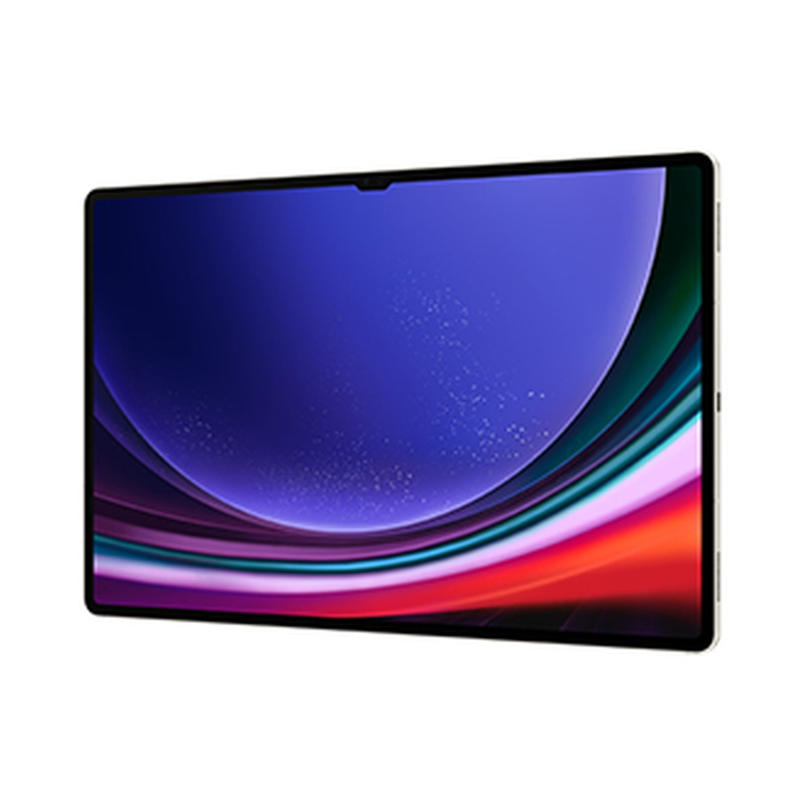Ein schwarzes Tablet mit farbenfrohem Display, weißem Rahmen und kleiner Kerbe.