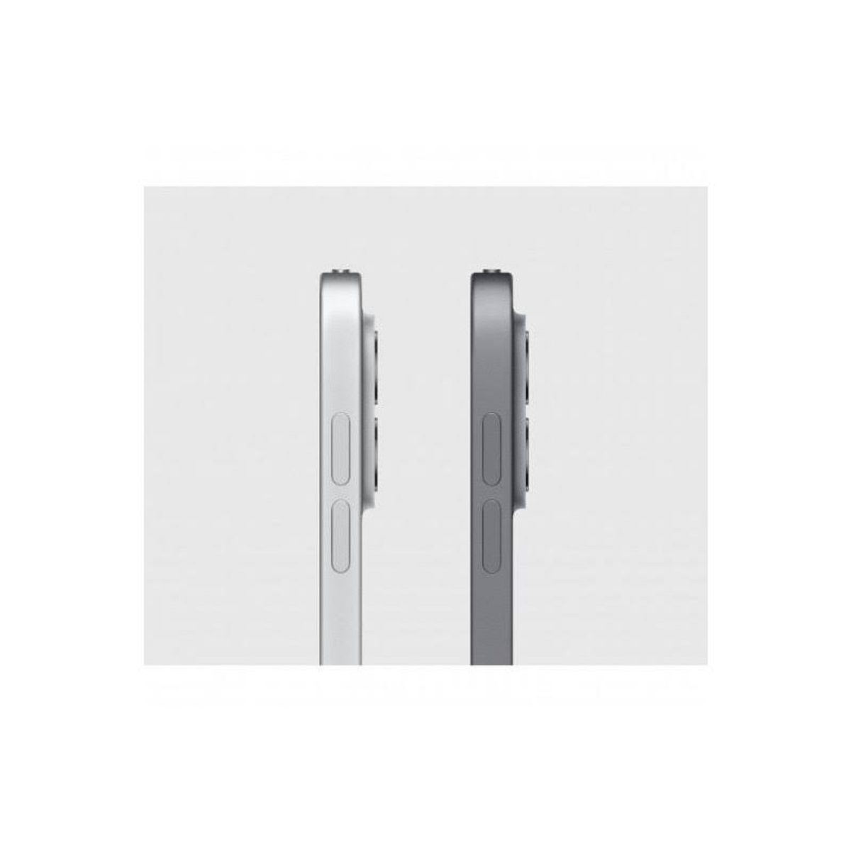 Zwei Tablets, Seitenansicht. Einer silber, einer dunkelgrau, auf weißem Hintergrund.