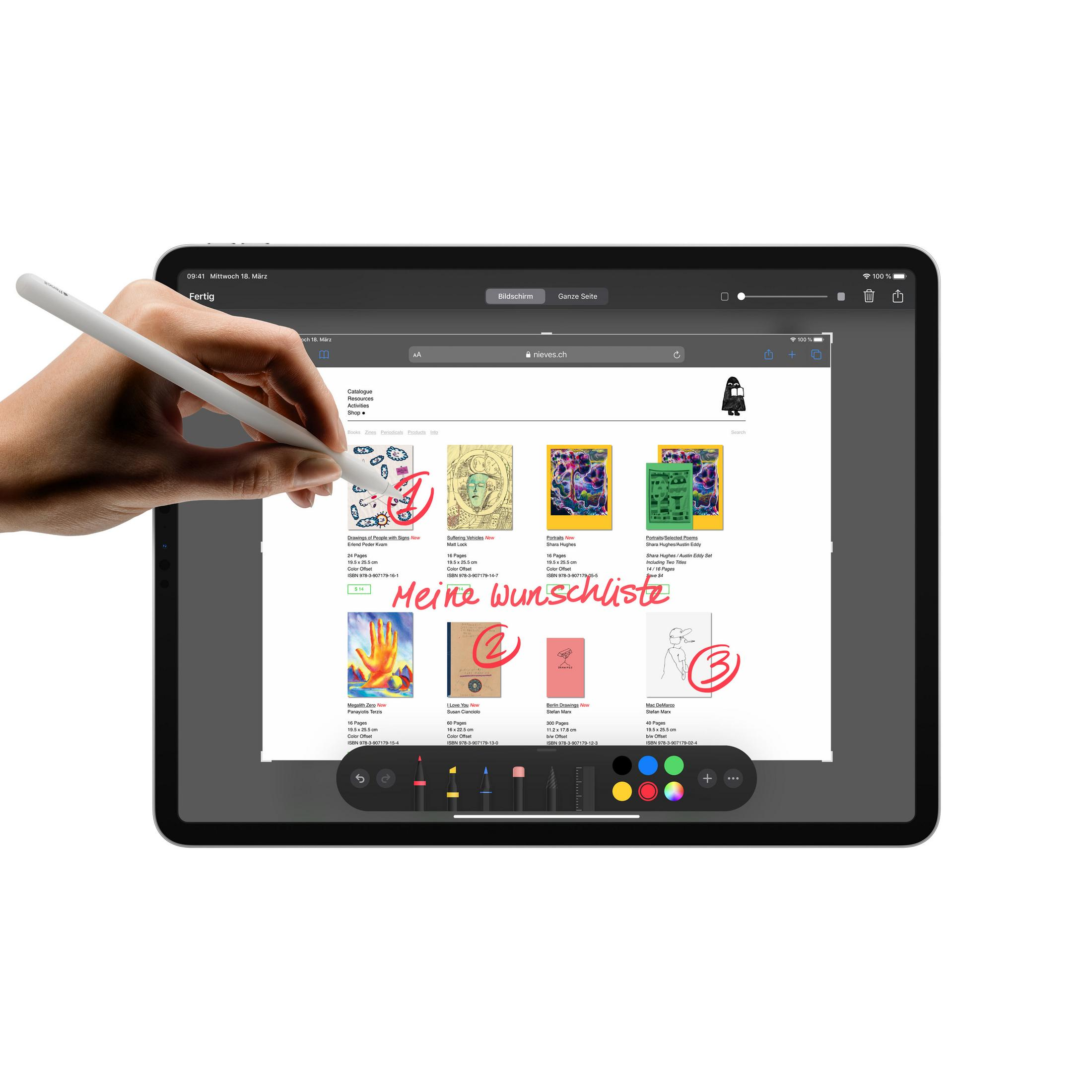 iPad mit Stift, zeigt eine Zeichen-App mit Zeichnungsliste. Weißer Hintergrund.