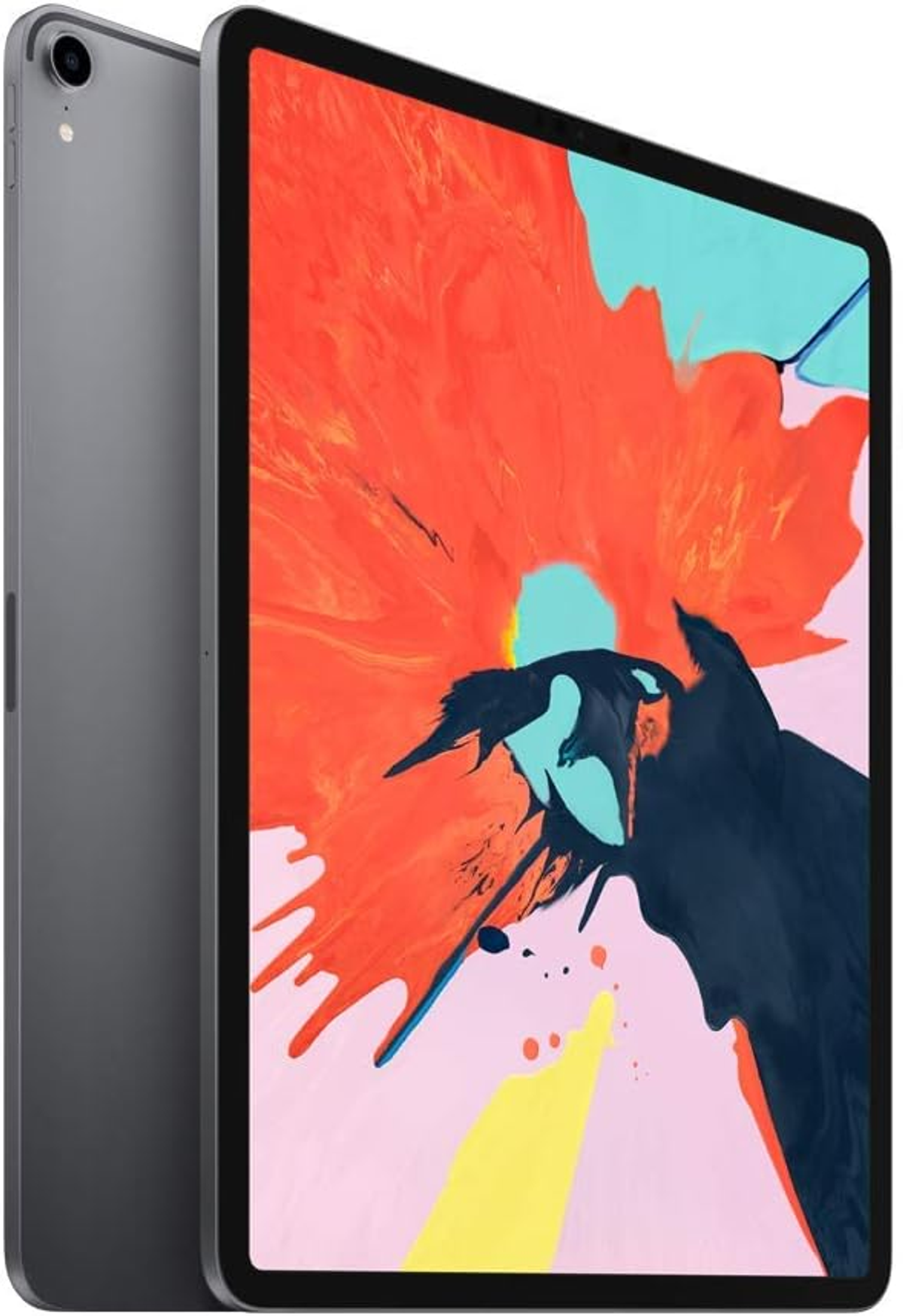 Ein graues Tablet mit einem bunten Bild auf dem Bildschirm und ein weiteres Tablet dahinter.