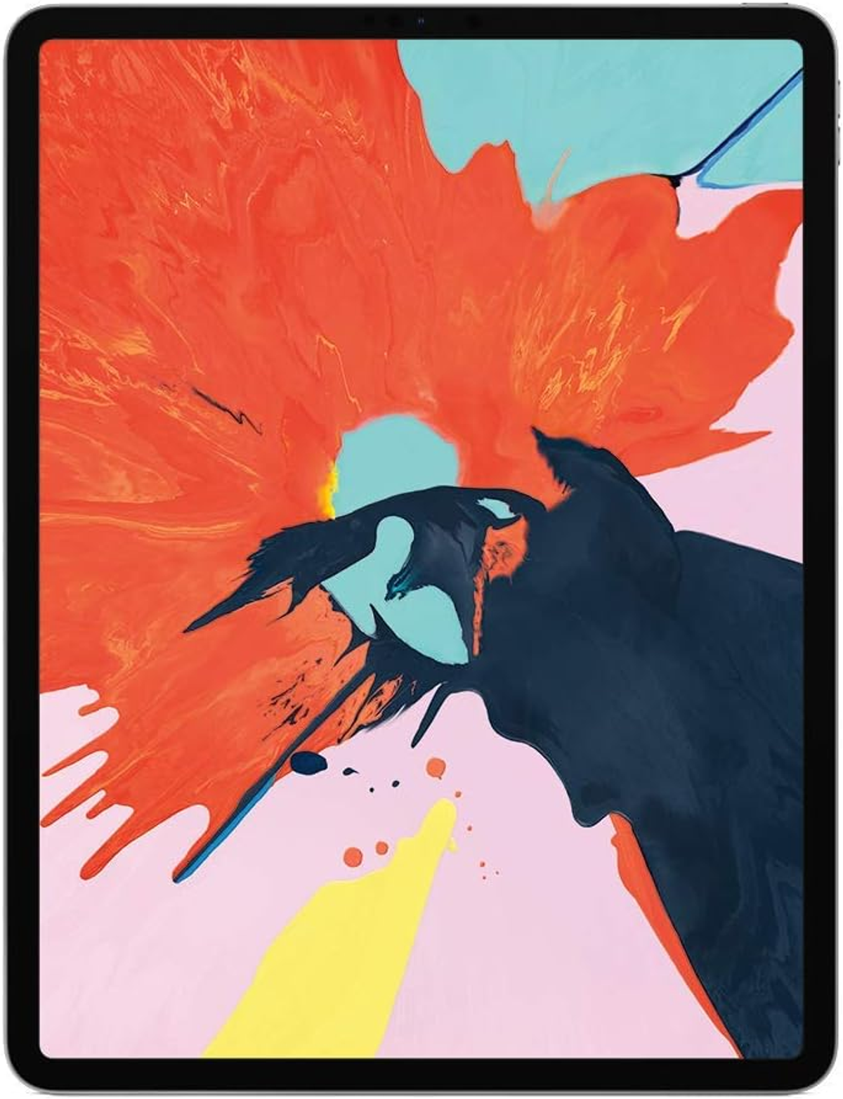 Tablet mit abstrakter Kunst auf dem Bildschirm. Rote, blaue und gelbe Farbstriche auf rosa Hintergrund.