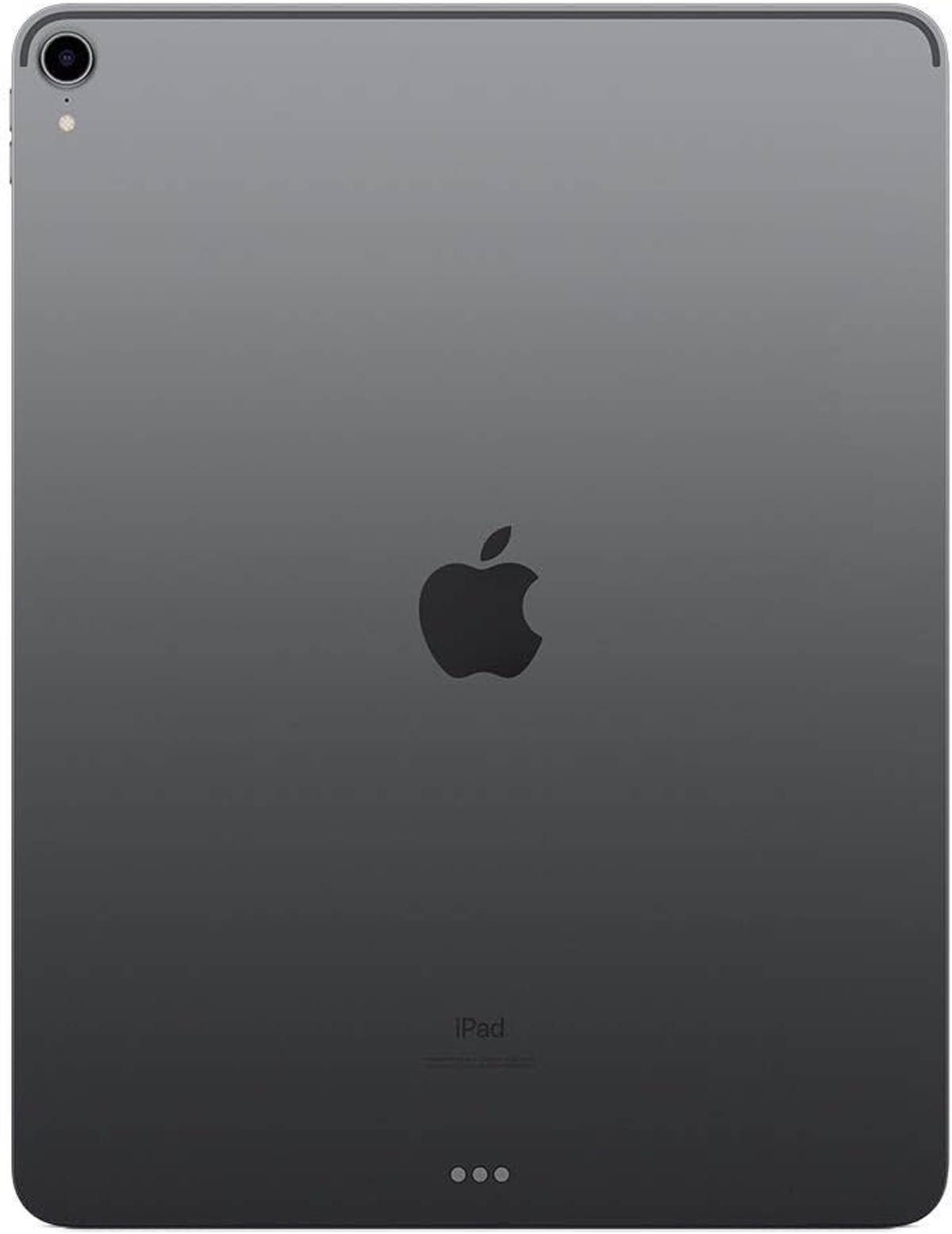 Die Rückseite eines dunkelgrauen iPads mit schwarzem Apple-Logo und Kamera oben links.