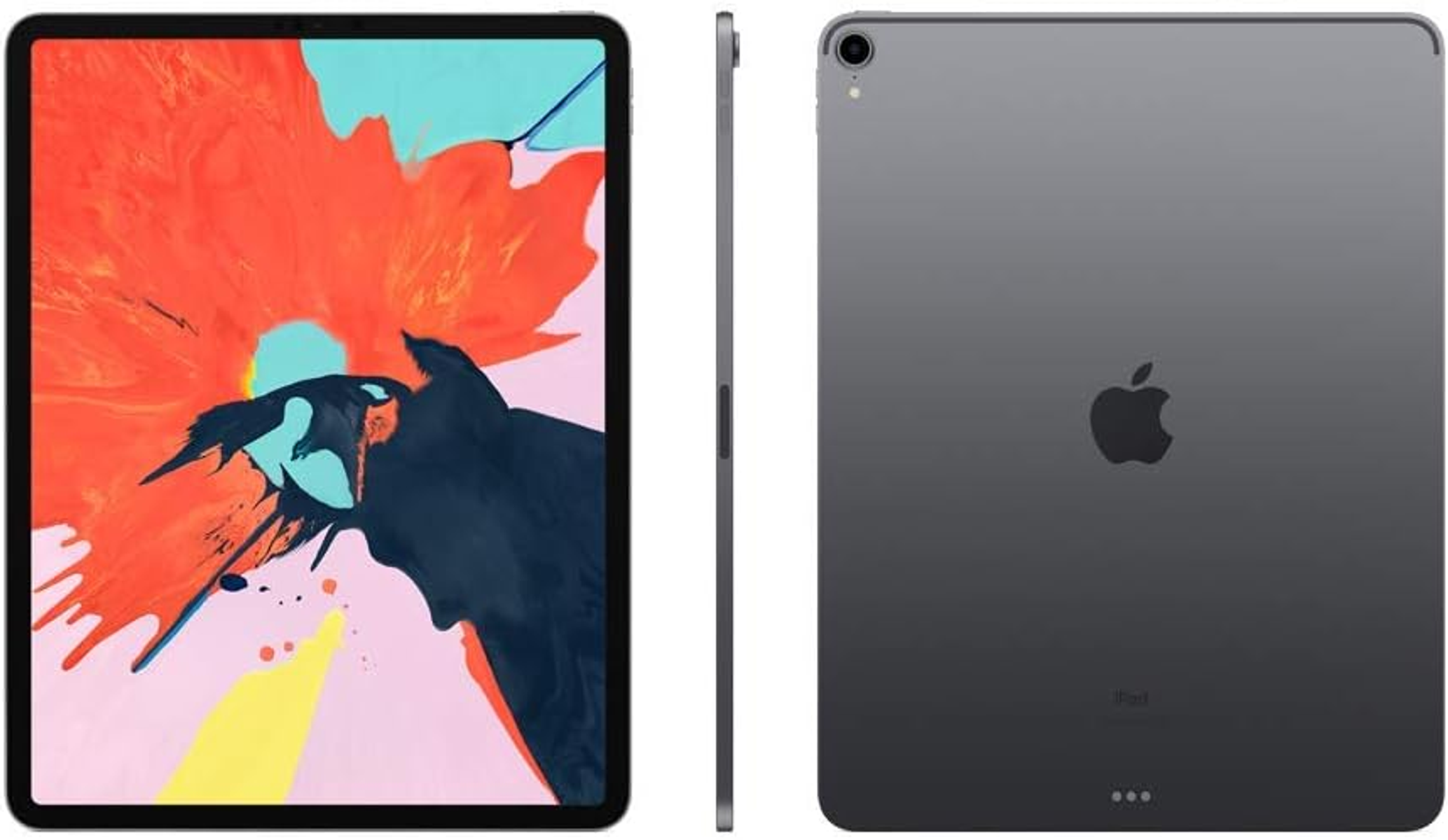 iPad mit Vorder-, Seiten- und Rückansicht.