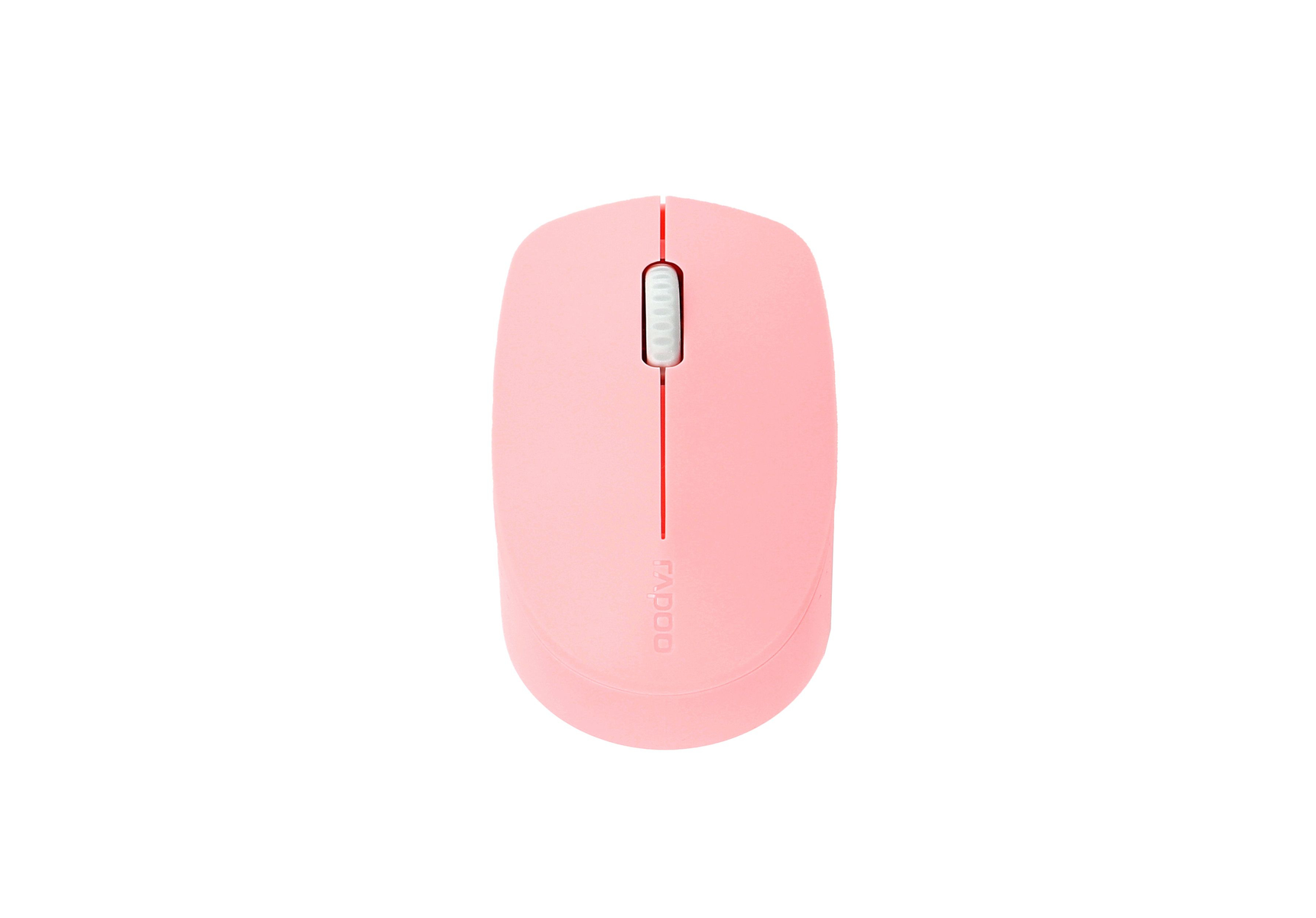 Rosa Computermaus. Draufsicht, mit Scrollrad und Markenlogo.