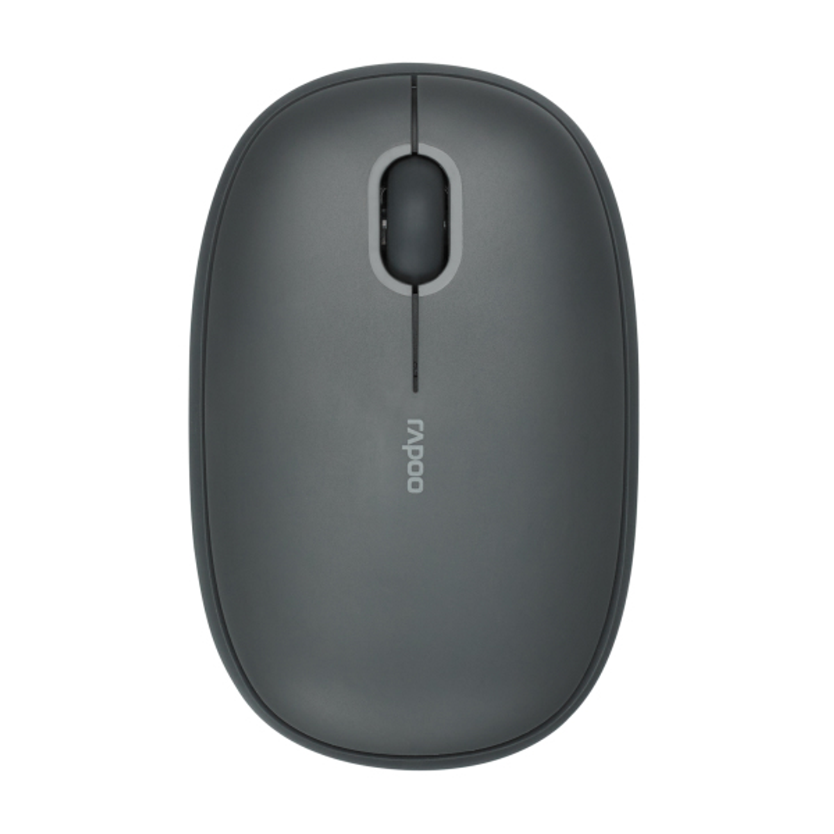 Een grijze computermuis met een scrollwiel. De merknaam Rapoo staat erop.