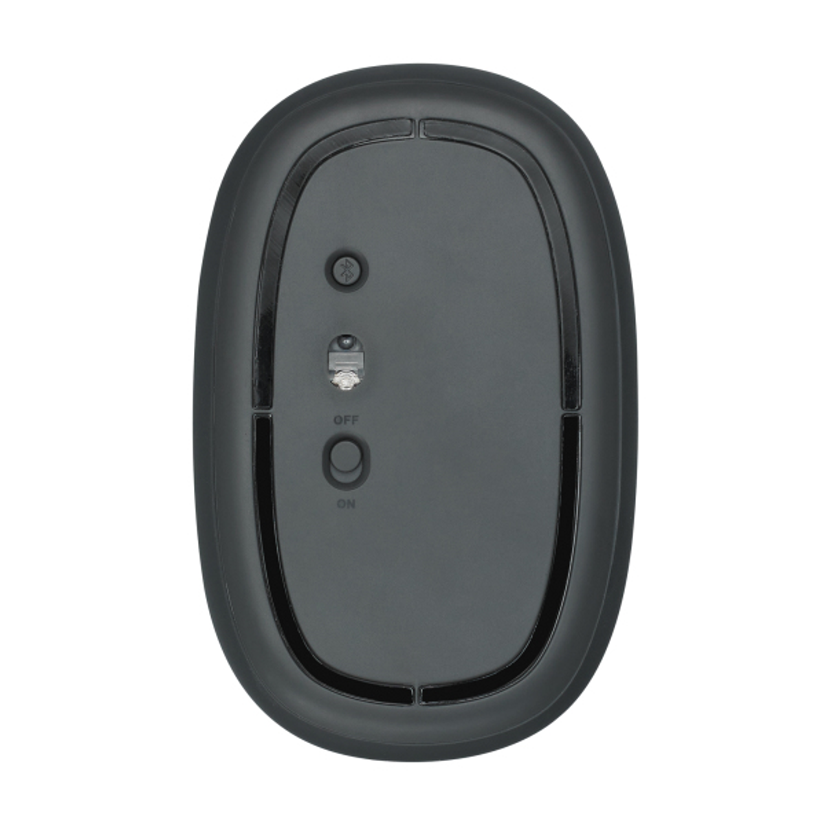 Onderkant van een grijze computermuis. Inclusief aan/uit-schakelaar en sensor.