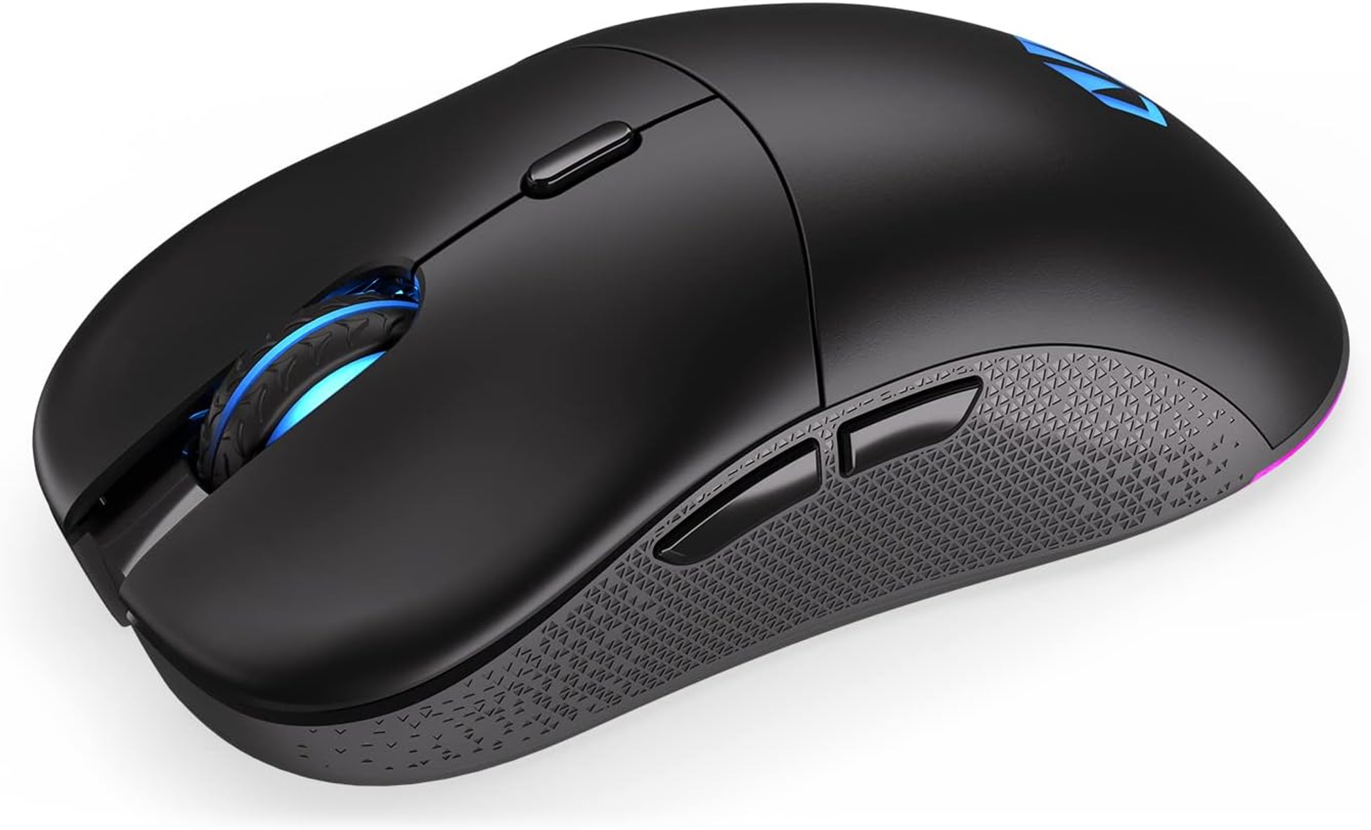 Eine schwarze Computermaus mit blauen und rosa Lichtern.