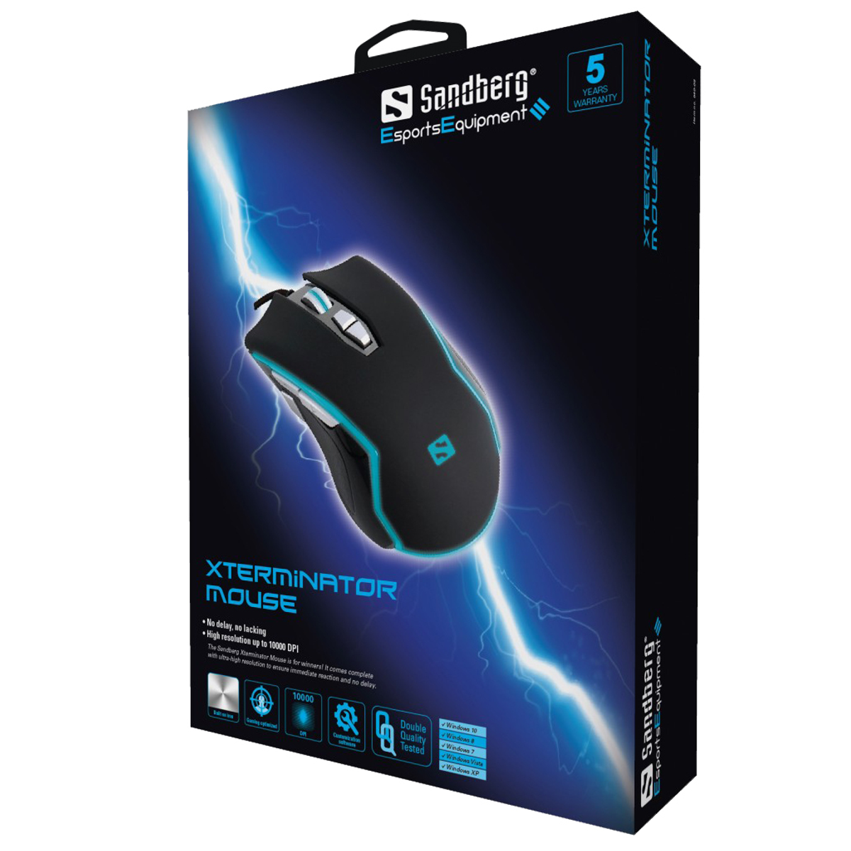 Zwarte en blauwe gamingmuis in een doos, met bliksemgrafiek.