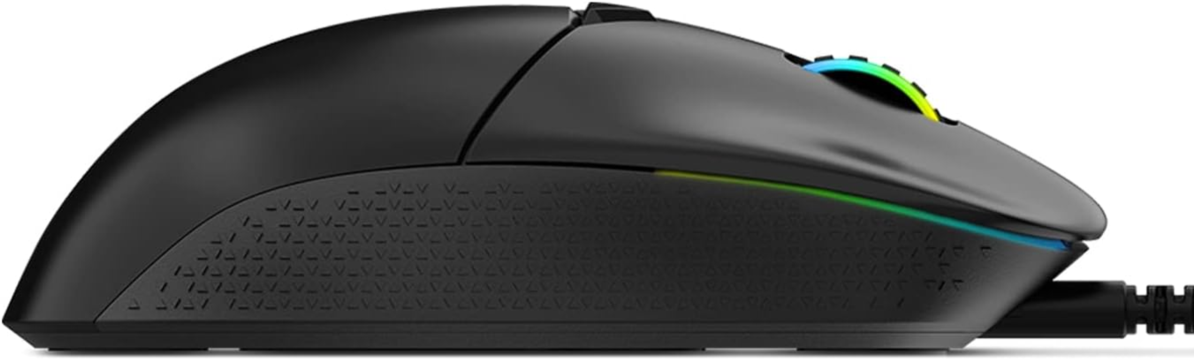 Black gaming mouse with a cable, and a white background. The mouse is angled.