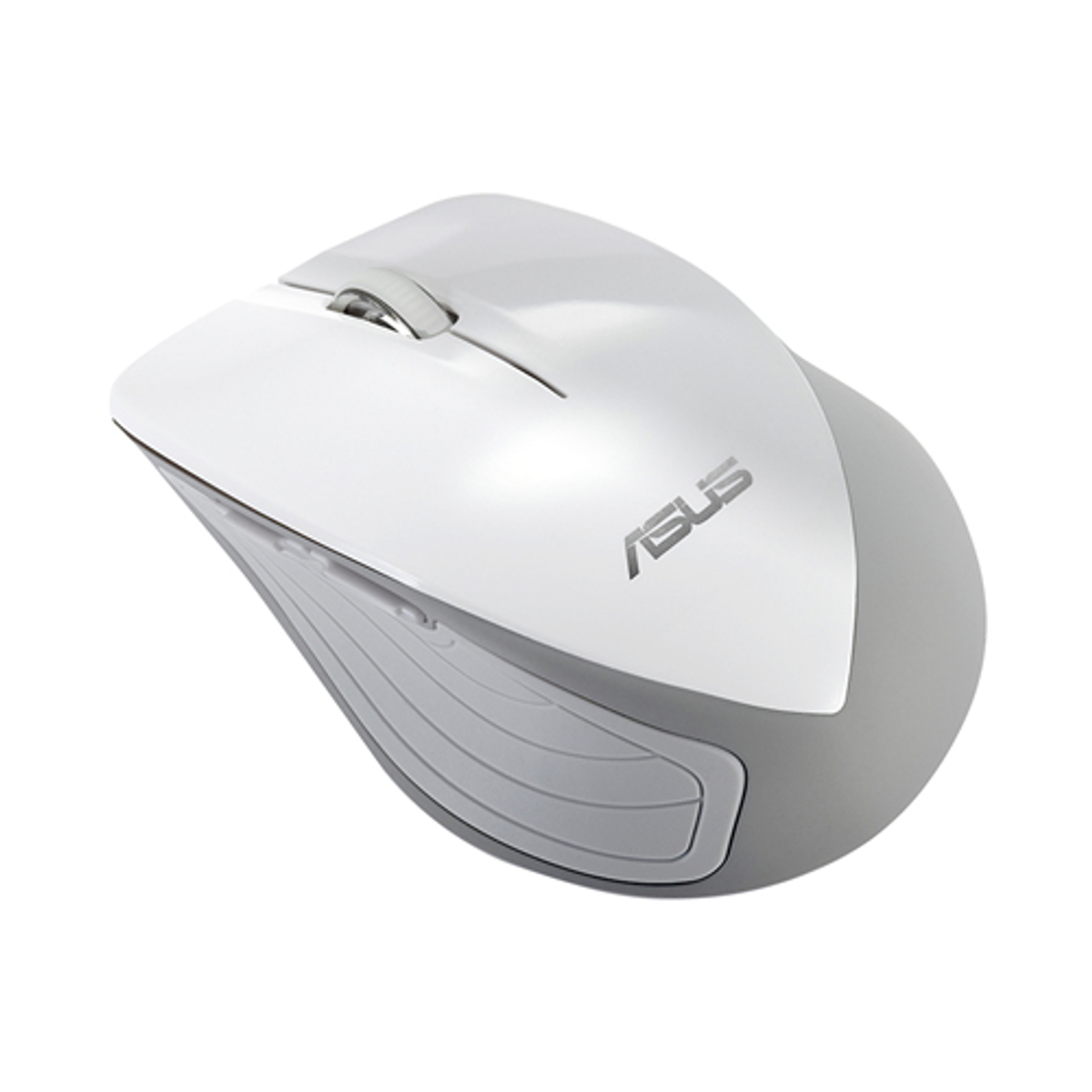 Eine weiße und graue kabellose ASUS-Maus von oben gesehen, auf einer weißen Oberfläche.