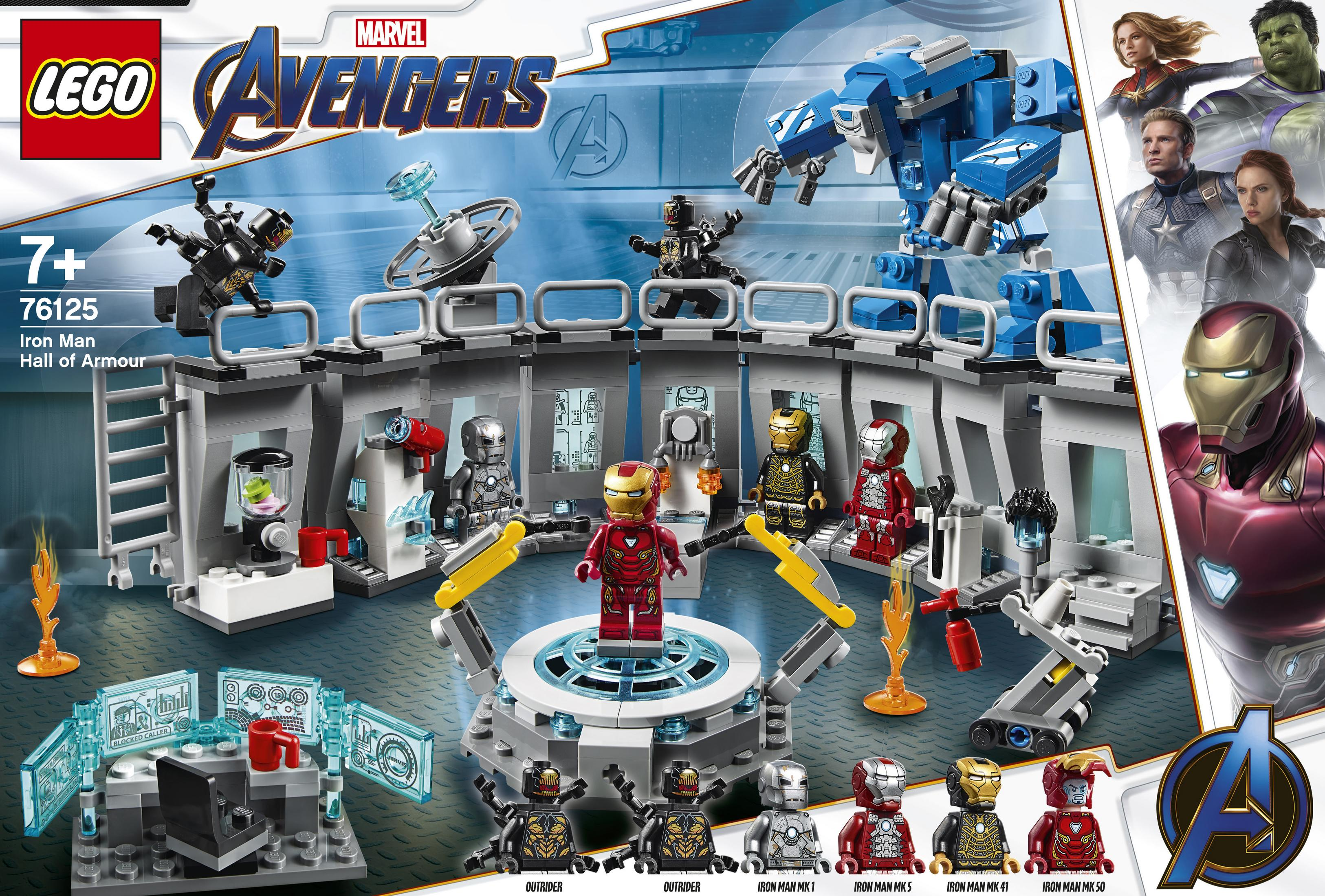 Set Lego Avengers. Include personaggi di Iron Man, un mech blu e una sala dettagliata.
