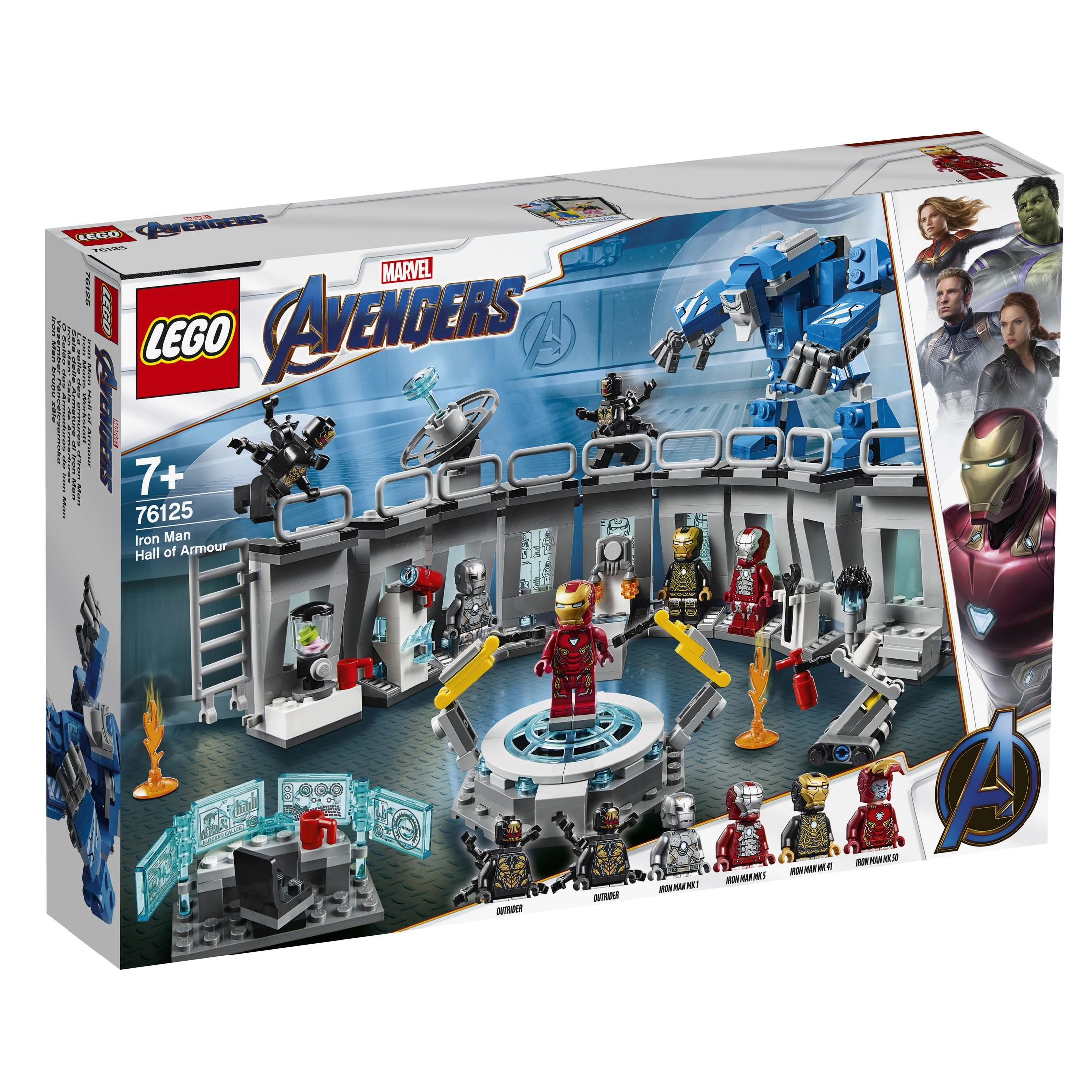 Scatola del set Lego. Tema Avengers con Iron Man in una sala armature. Altri Avengers sono presenti.
