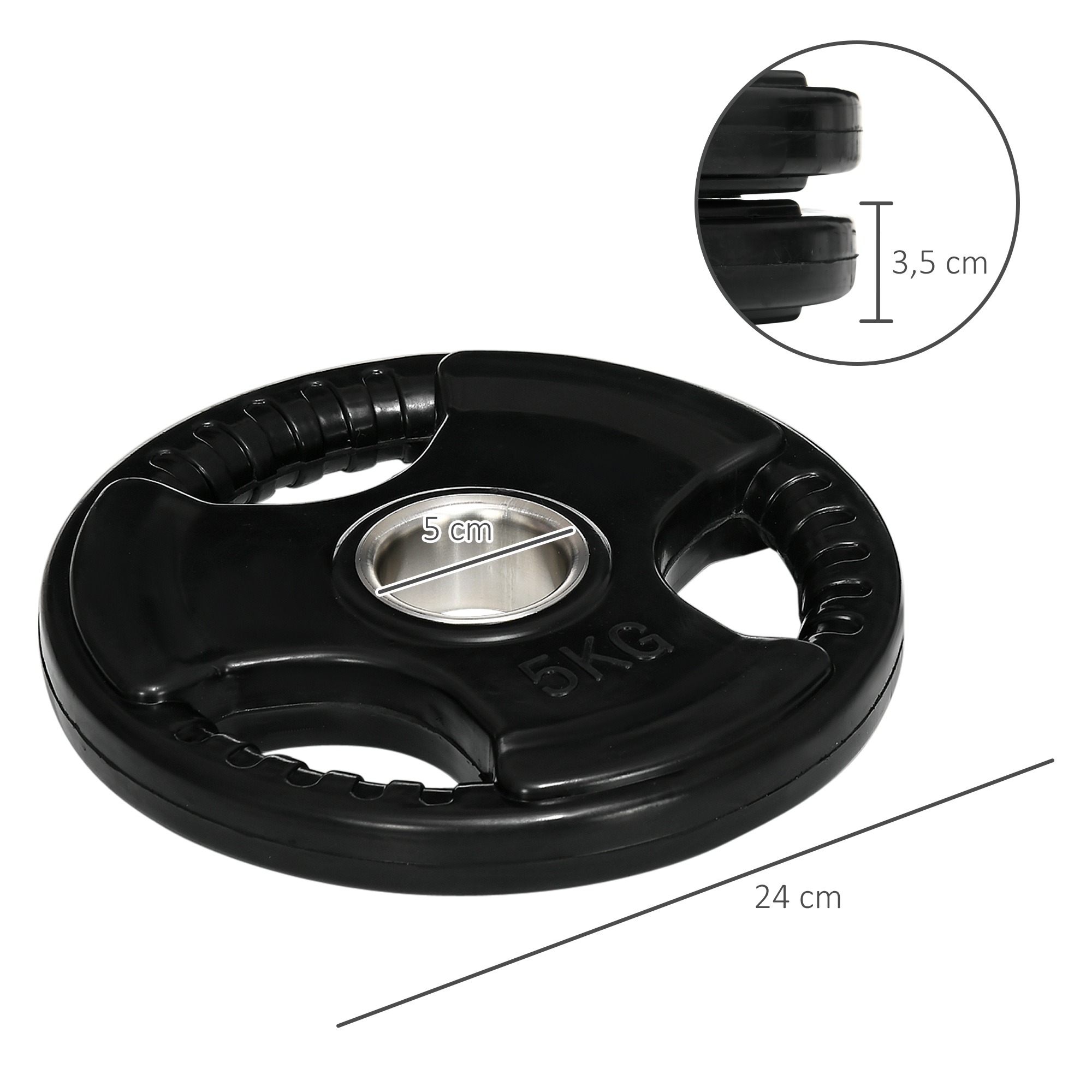 Eine schwarze Hantelscheibe mit 5 kg. Die Größe beträgt 24 cm.
