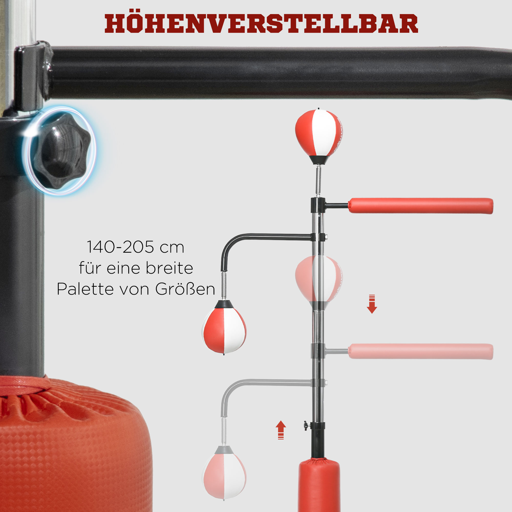 Box-Trainingsausrüstung. Roter Boxsack und verstellbarer Speedbag, schwarzer Rahmen, Pfeile zeigen die Einstellung.