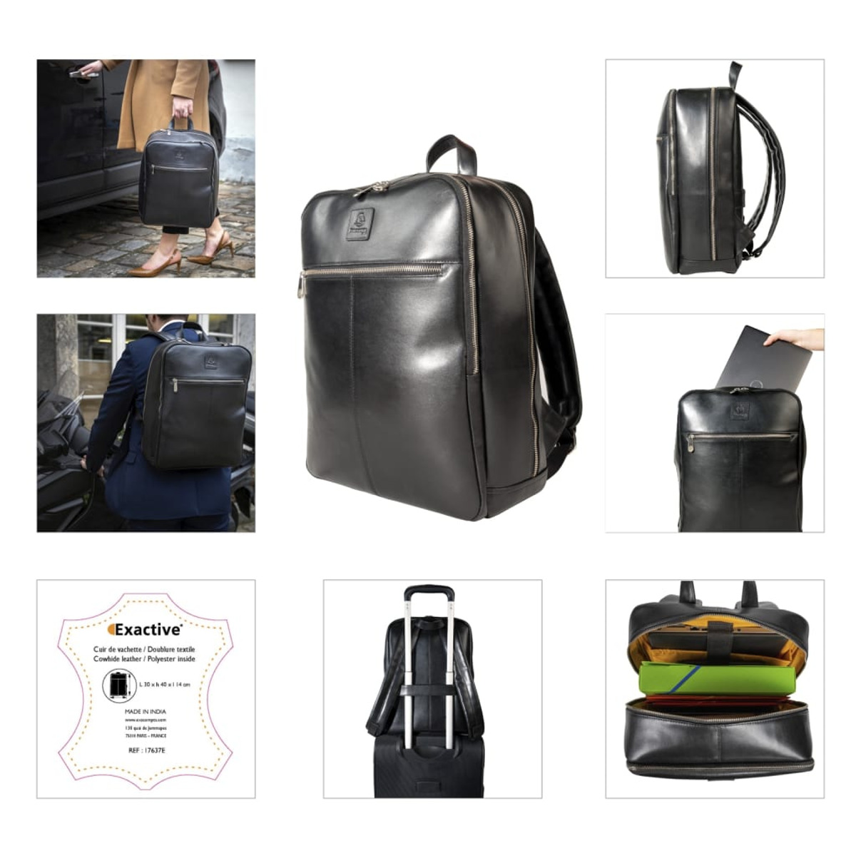 Una mochila de cuero negro con múltiples vistas y una etiqueta con información.