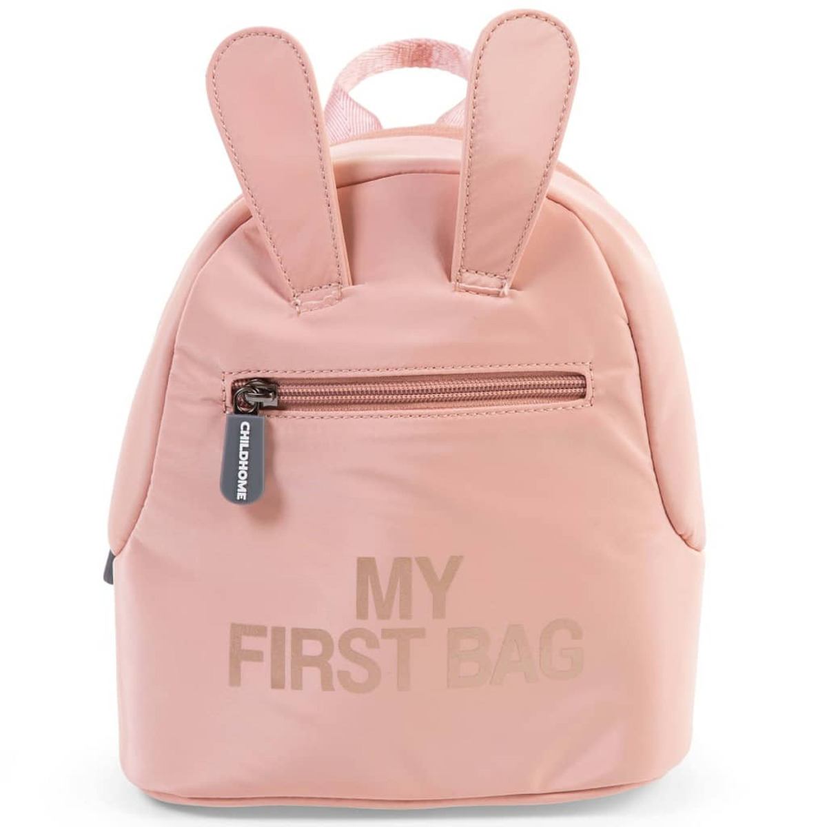 Ein rosa Rucksack mit Hasenohren oben und den Worten "MY FIRST BAG" darauf.