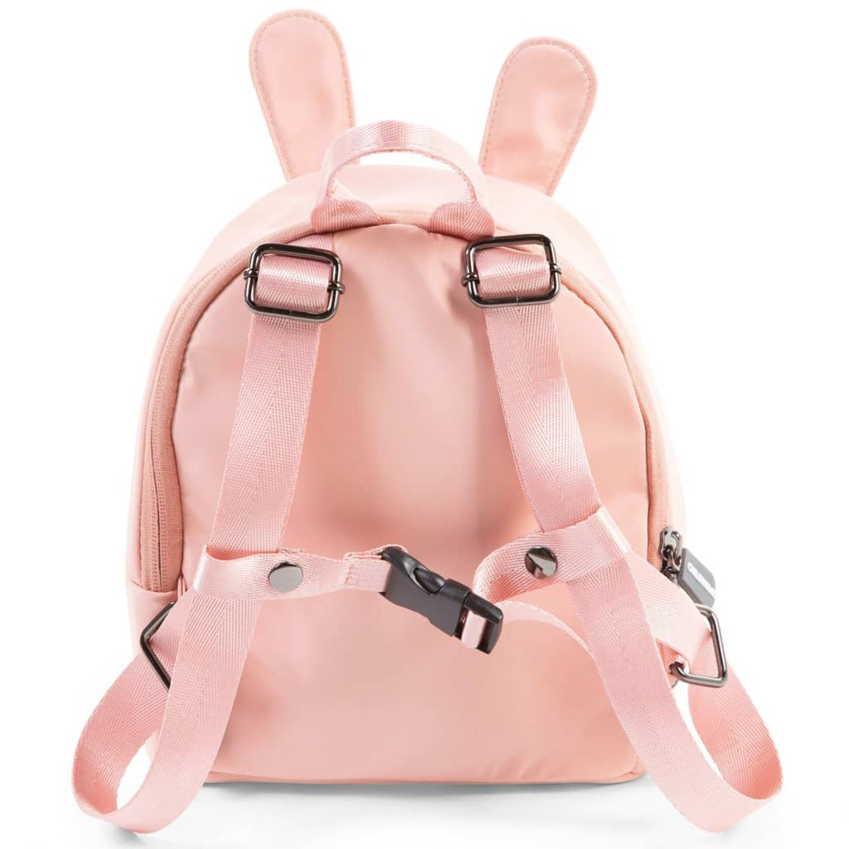 Rosa Rucksack mit Hasenohren. Rückansicht mit Trägern und Schnalle. Schwarze Details.