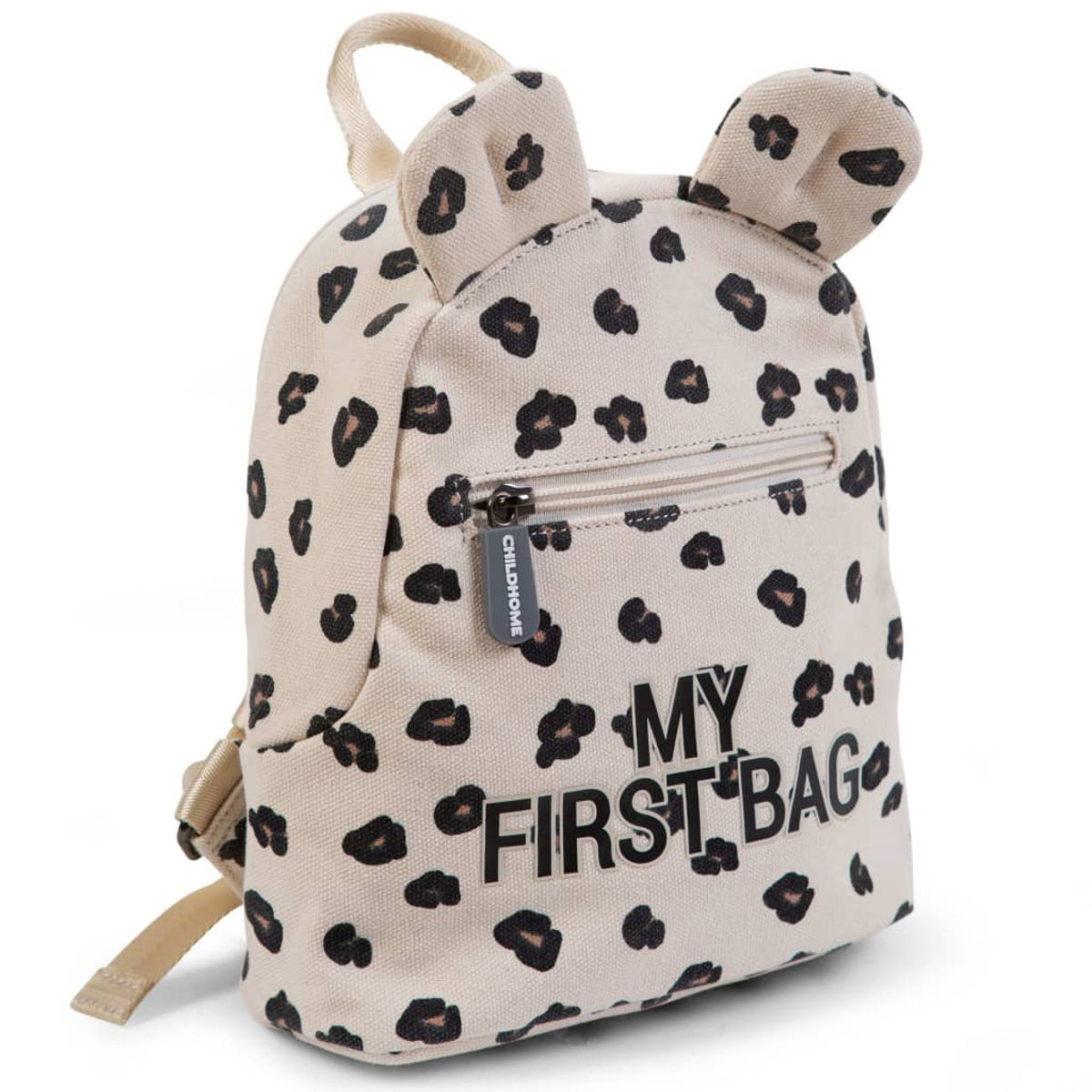 Beigefarbener Rucksack mit schwarzen Punkten, zwei Ohren und einem Reißverschluss. Text: MY FIRST BAG.