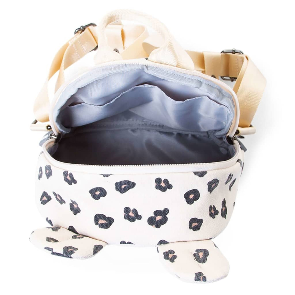 Kleine Tasche mit Leopardenmuster, offen, mit mehreren Fächern. Creme und Schwarz.