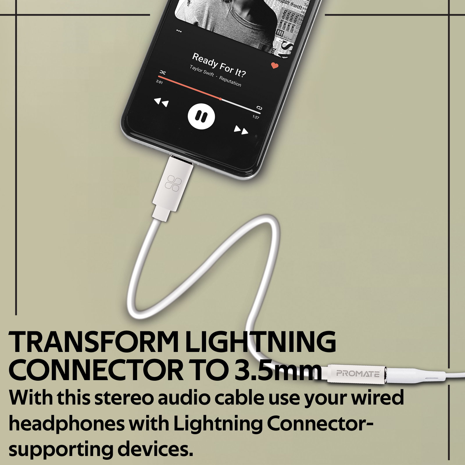 Un cable blanco conecta un teléfono reproduciendo música a un adaptador Lightning a 3.5mm blanco.