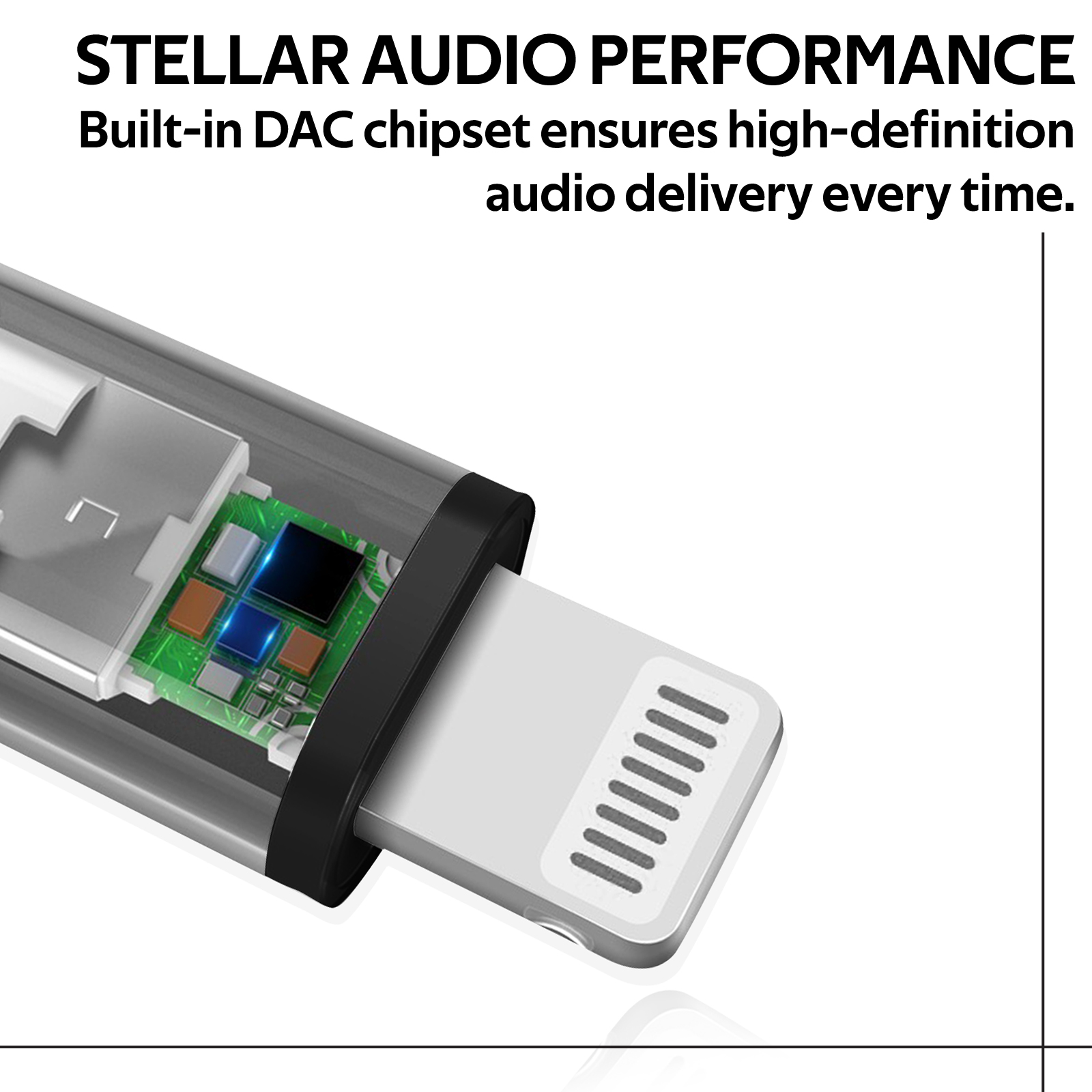 Conector Lightning plateado con componentes internos visibles. Texto: Rendimiento de audio estelar, chipset DAC incorporado.