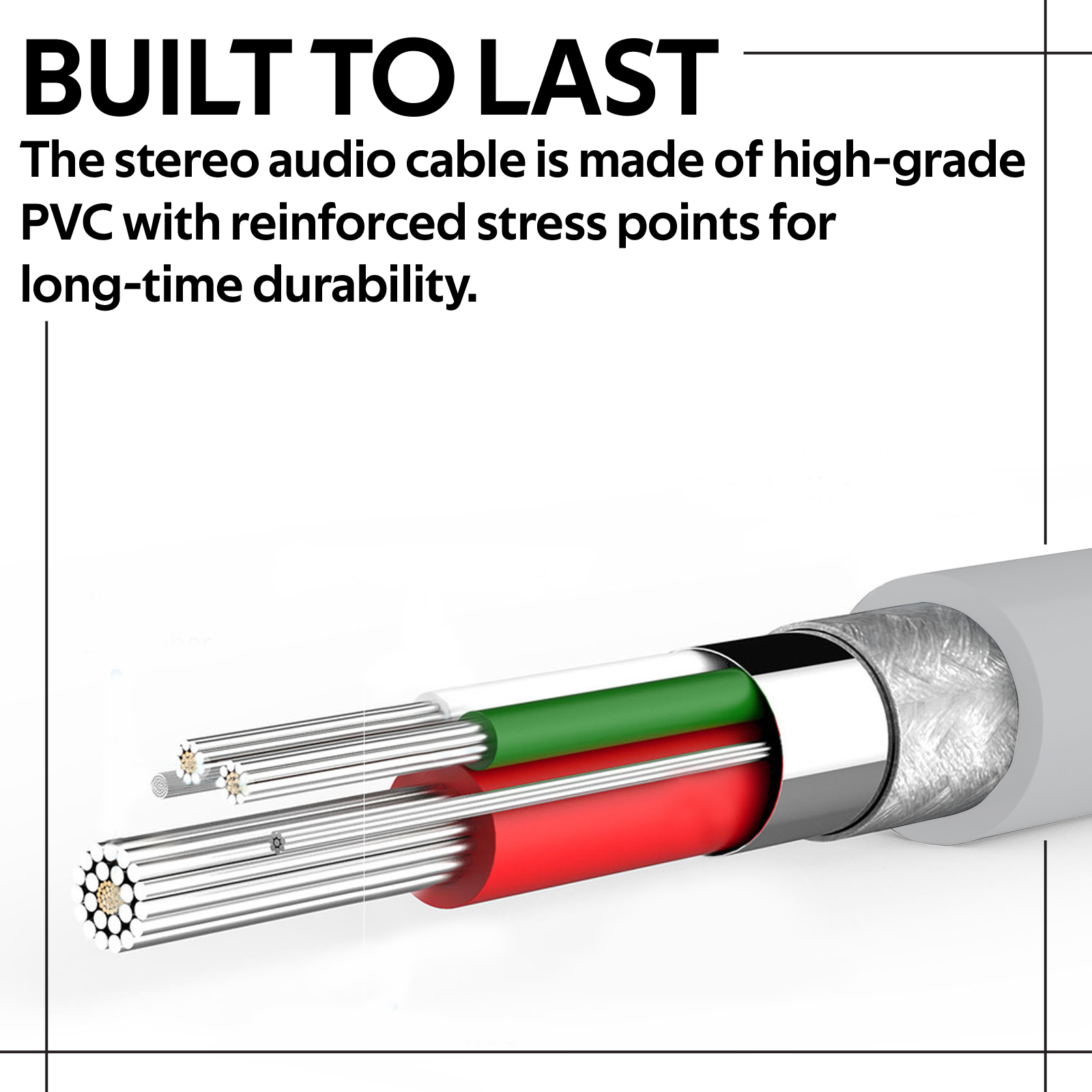 Corte transversal de un cable de audio estéreo, que muestra conductores rojos, verdes y plateados. Texto: "Built to last".