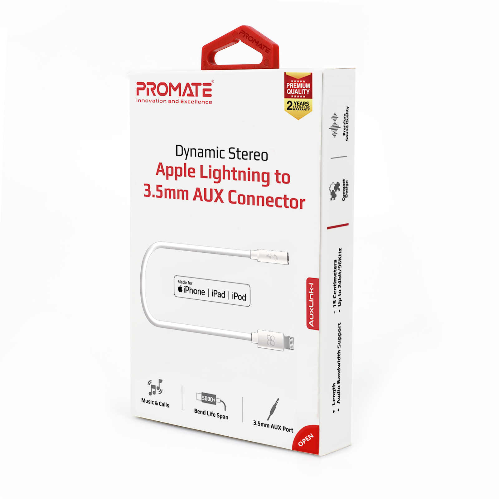 Caja blanca y roja para cable de audio estéreo. Contiene el cable y tiene texto "PROMAT" y "AUX Connector".