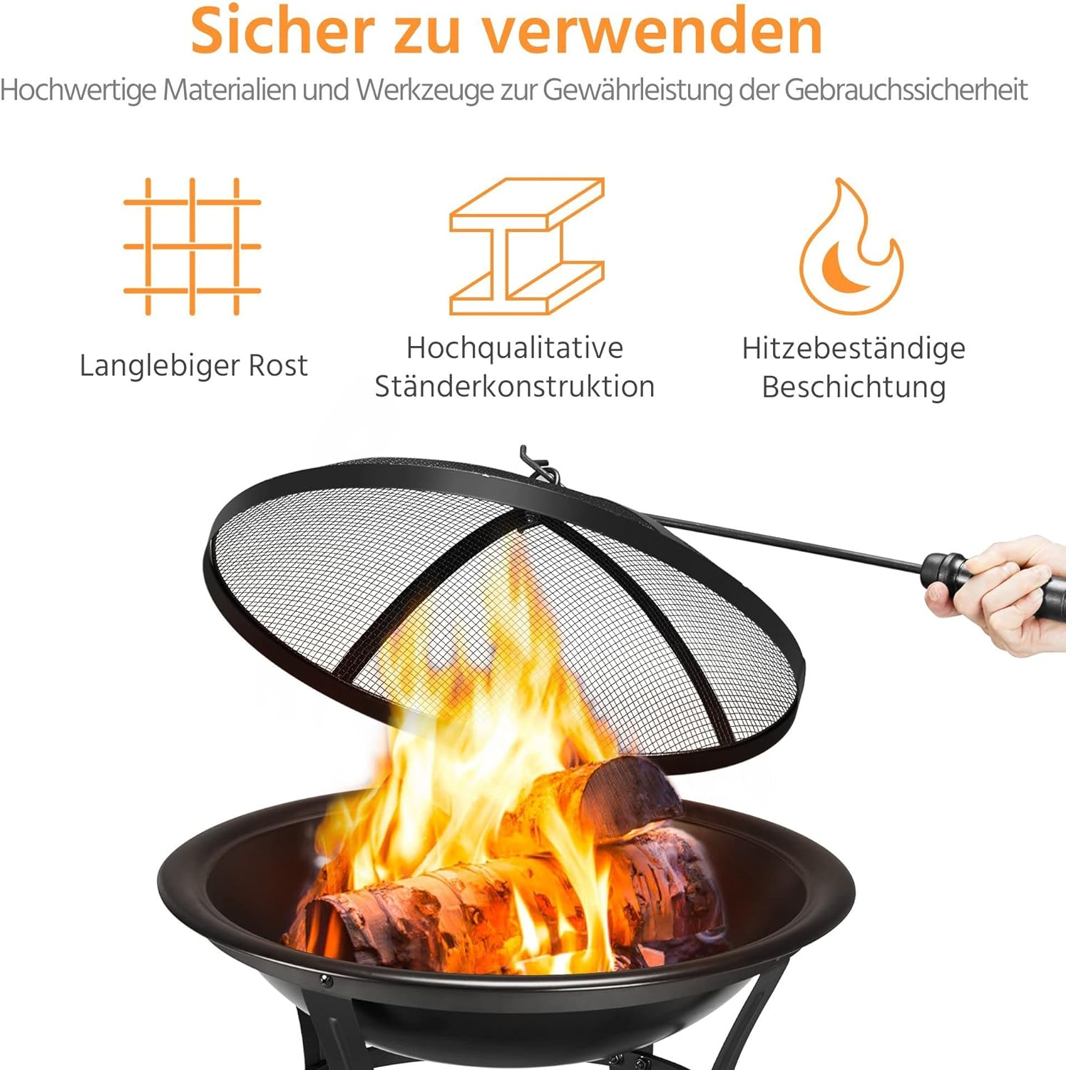 Eine Feuerstelle mit brennendem Holz, einem Funkenschutz und einem Griff. Der Text lautet 'sicher zu verwenden'.