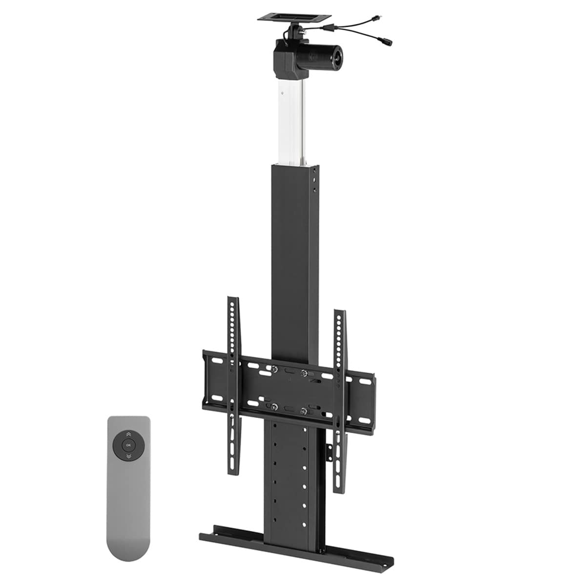 Ein schwarzer TV-Hebemechanismus mit TV-Halterung, Fernbedienung und weißem Hintergrund.