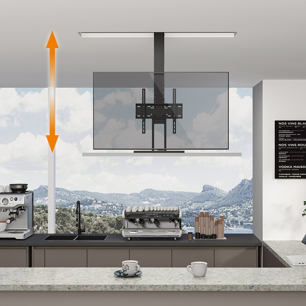 Ein Fernseher, der an einem Deckenlift montiert ist. Eine Cafészene mit Espressomaschine und malerischer Aussicht.