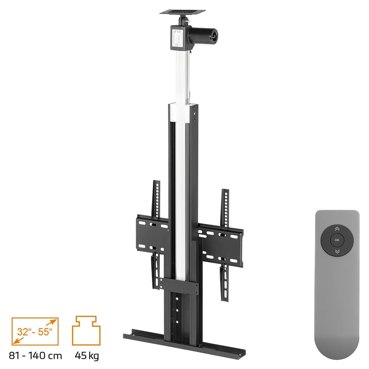 Ein TV-Lift mit Fernbedienung, mit Maßen, unterstützt 32-55 Zoll TVs und bis zu 45 kg.