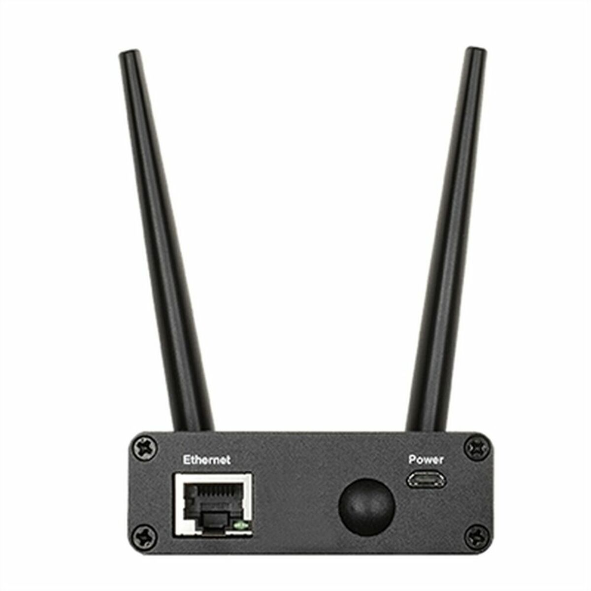 Schwarzes Netzwerkgerät mit zwei Antennen, Ethernet-Anschluss und Stromanschluss.