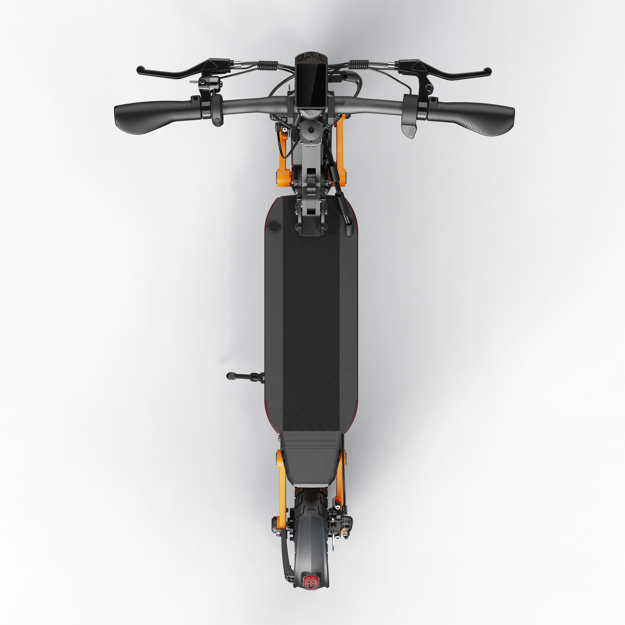 Ein Roller von oben betrachtet. Er ist orange und schwarz, mit Lenker und Fußstütze.