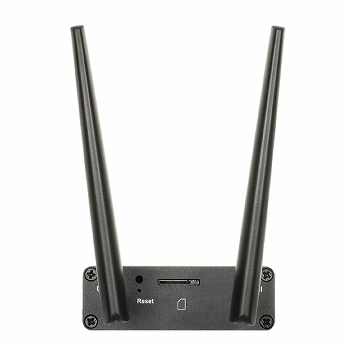 Schwarzer Router mit zwei Antennen. Hat eine Reset-Taste und einen SD-Kartensteckplatz.