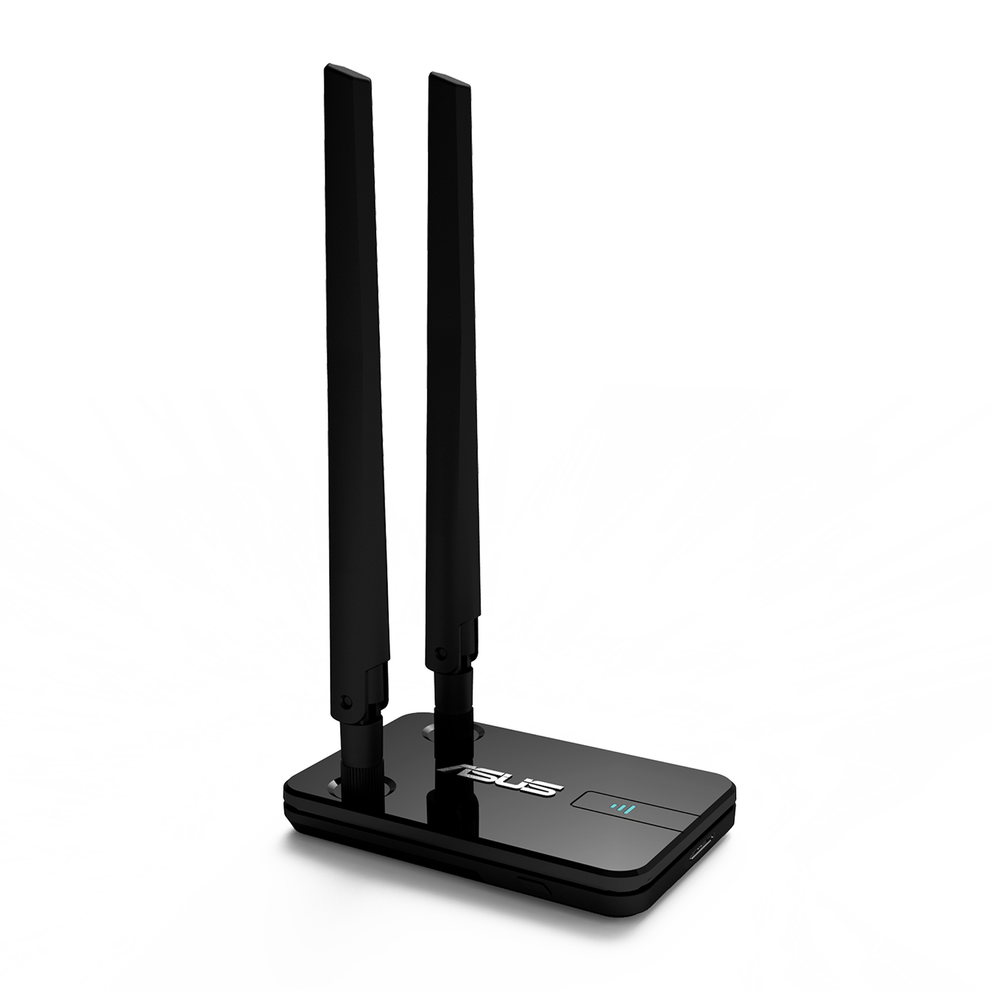Zwarte ASUS netwerkadapter met twee antennes, op een wit oppervlak.