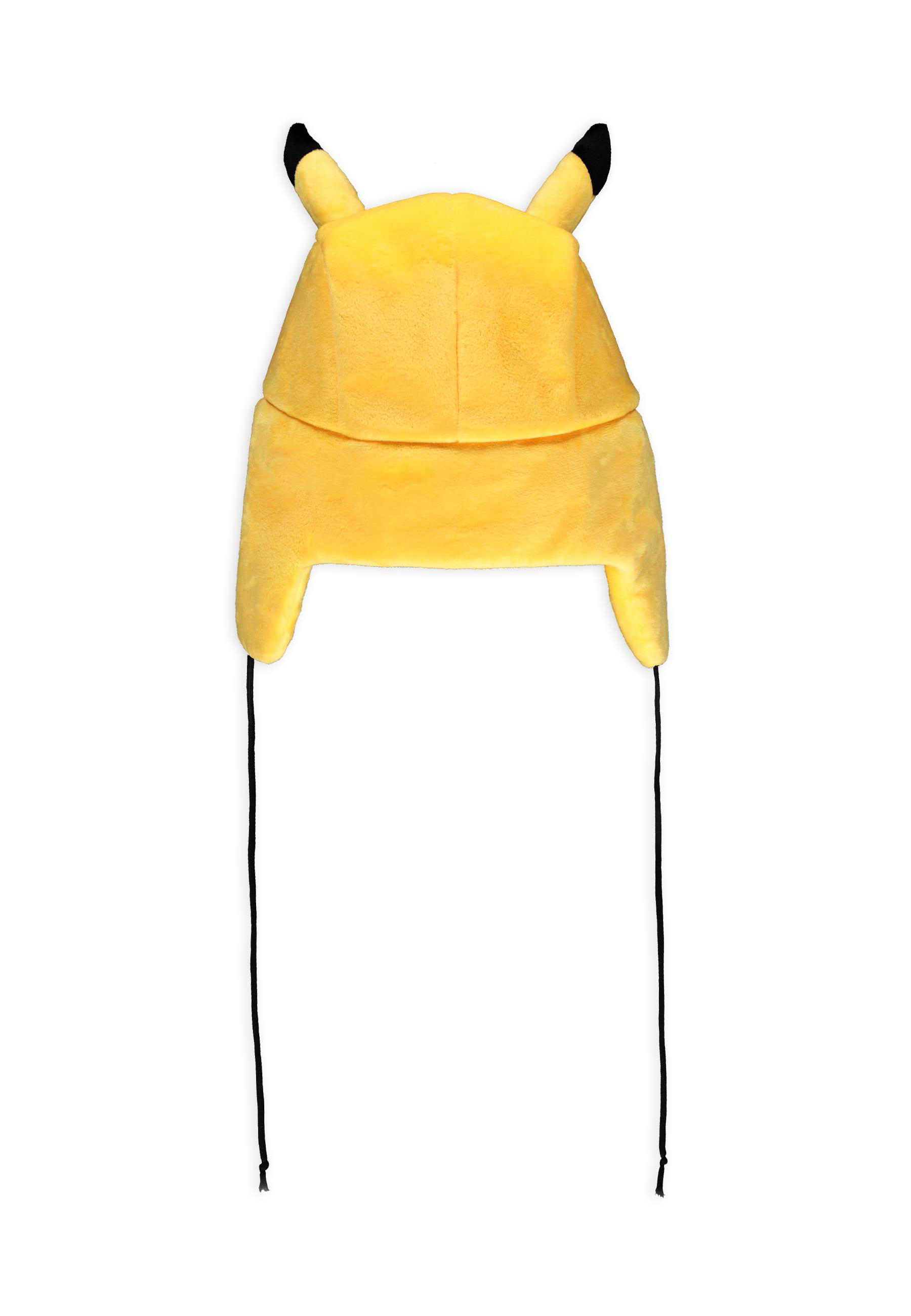 Ein gelber Pikachu-Hut mit schwarzen Ohren und schwarzen Bändern. Der Hut hat Ohrenklappen.