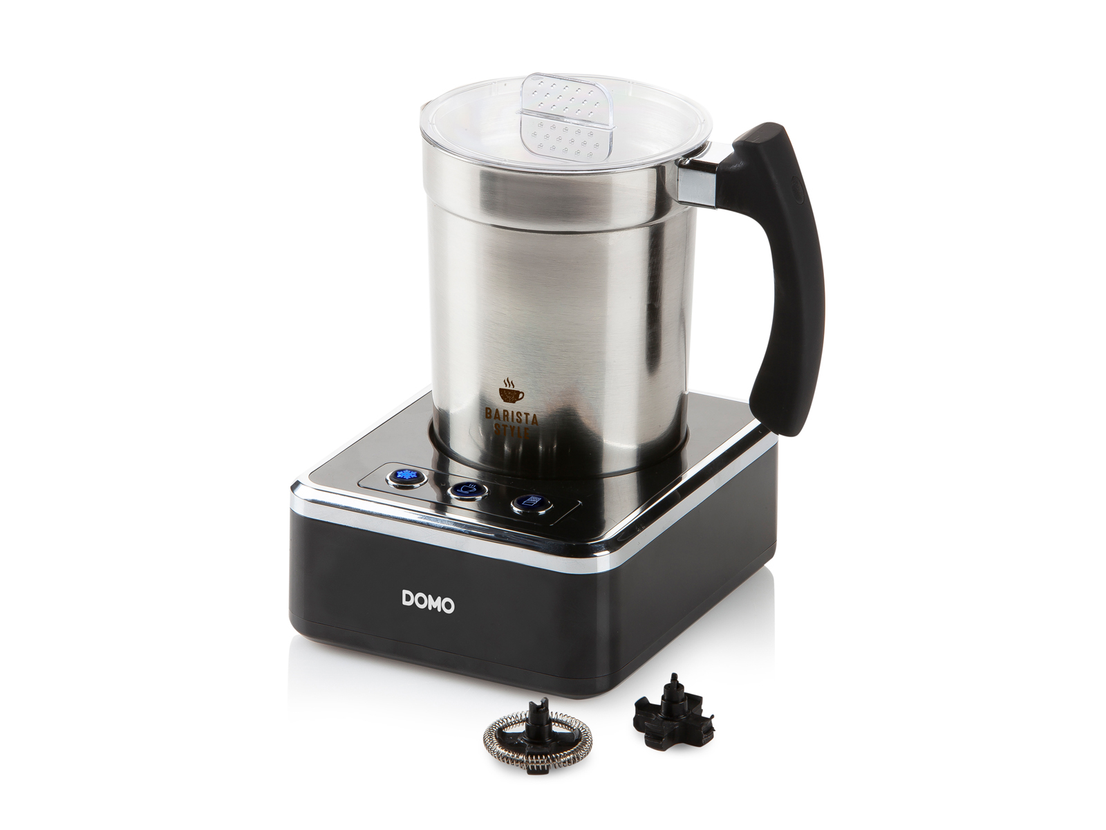 Spieniacz do mleka ze stali nierdzewnej na czarnej podstawie, z uchwytem, pokrywką i dwoma końcówkami.