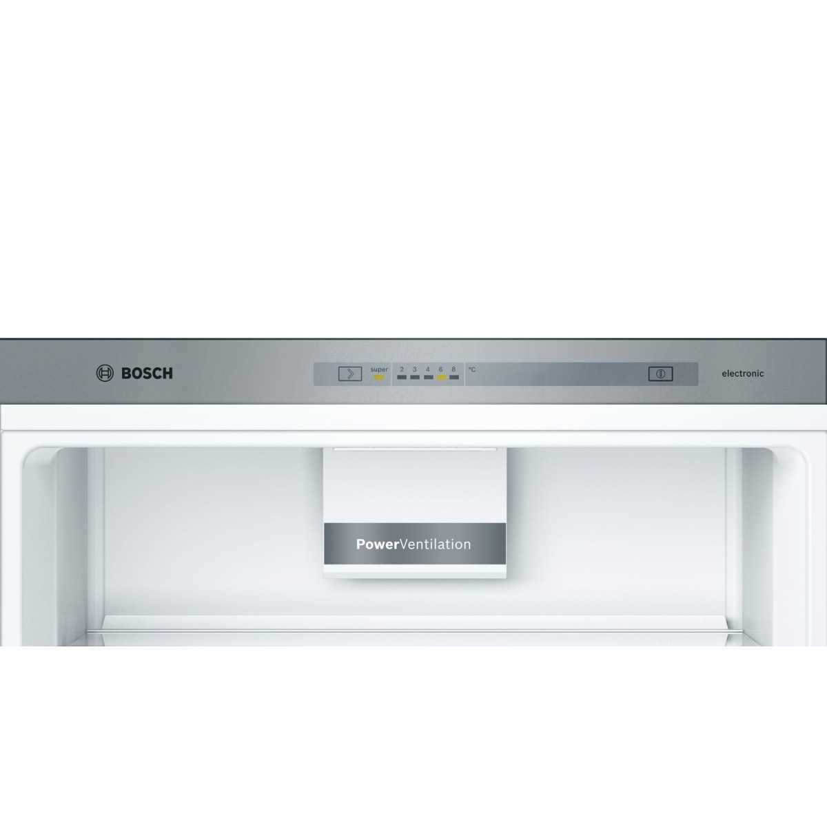 Wnętrze lodówki Bosch. U góry elementy sterujące, poniżej biała półka z etykietą 'PowerVentilation'.