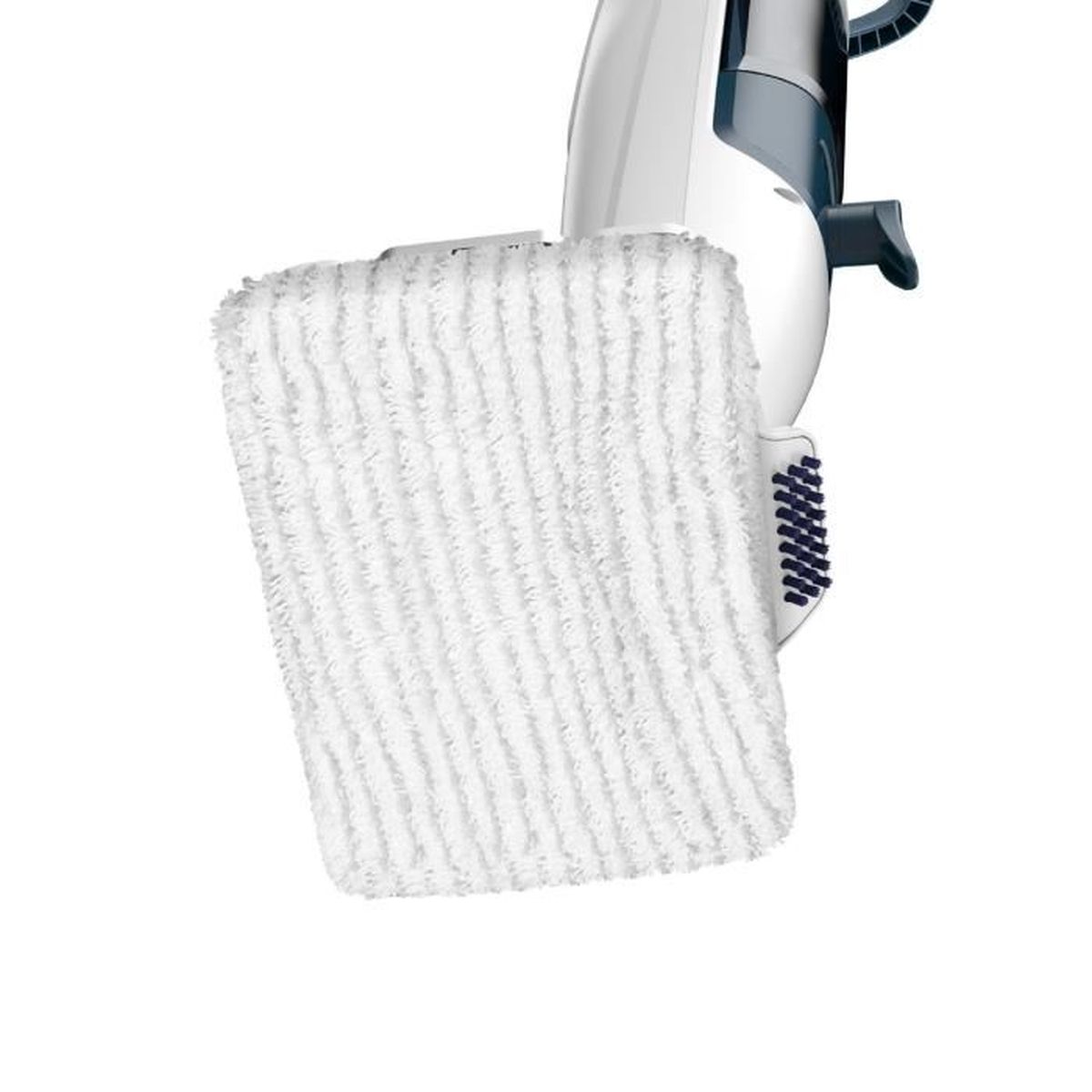 Biały mop parowy z białą nakładką czyszczącą, zbliżenie na białym tle.