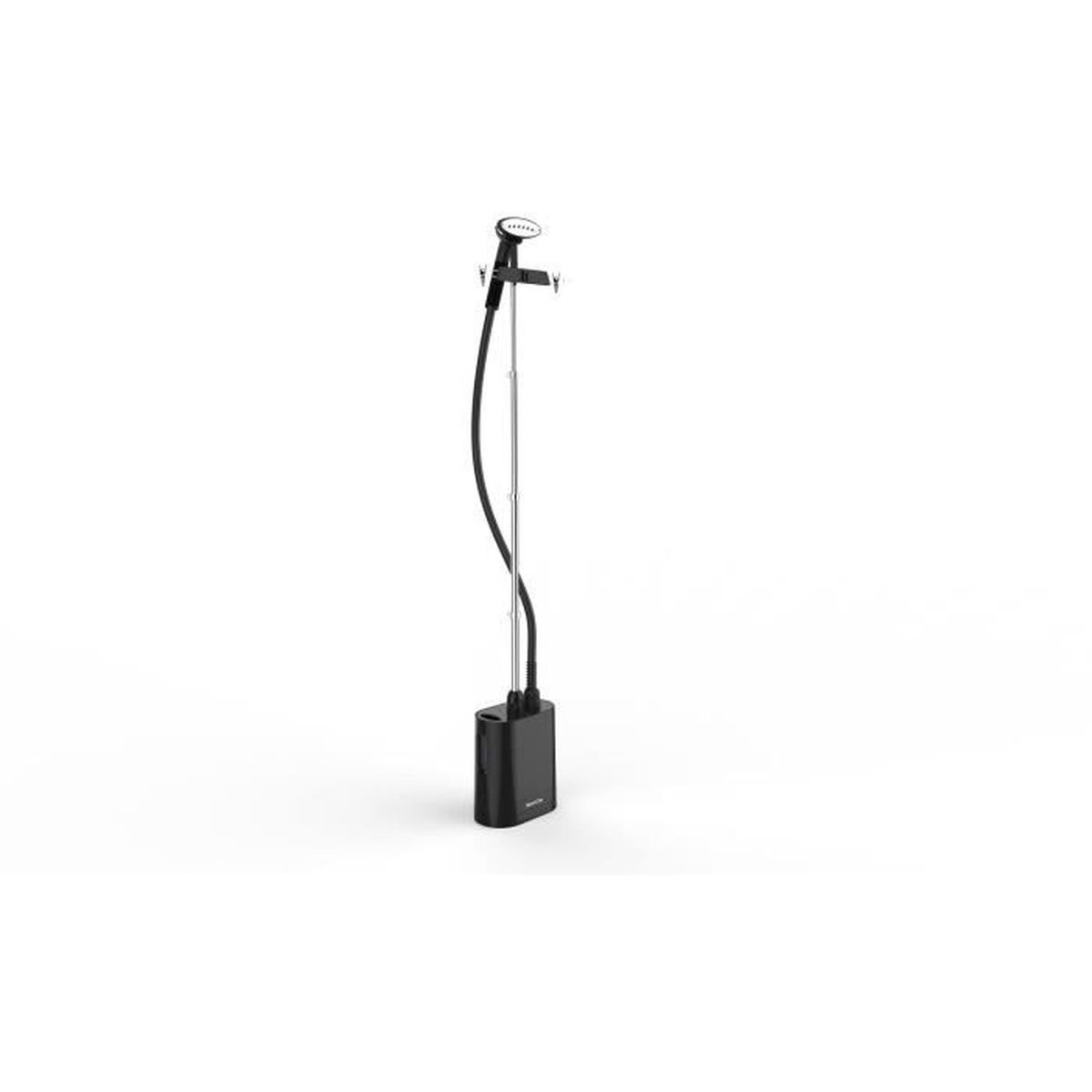 Uno stiratore per vestiti nero e argento su sfondo bianco.