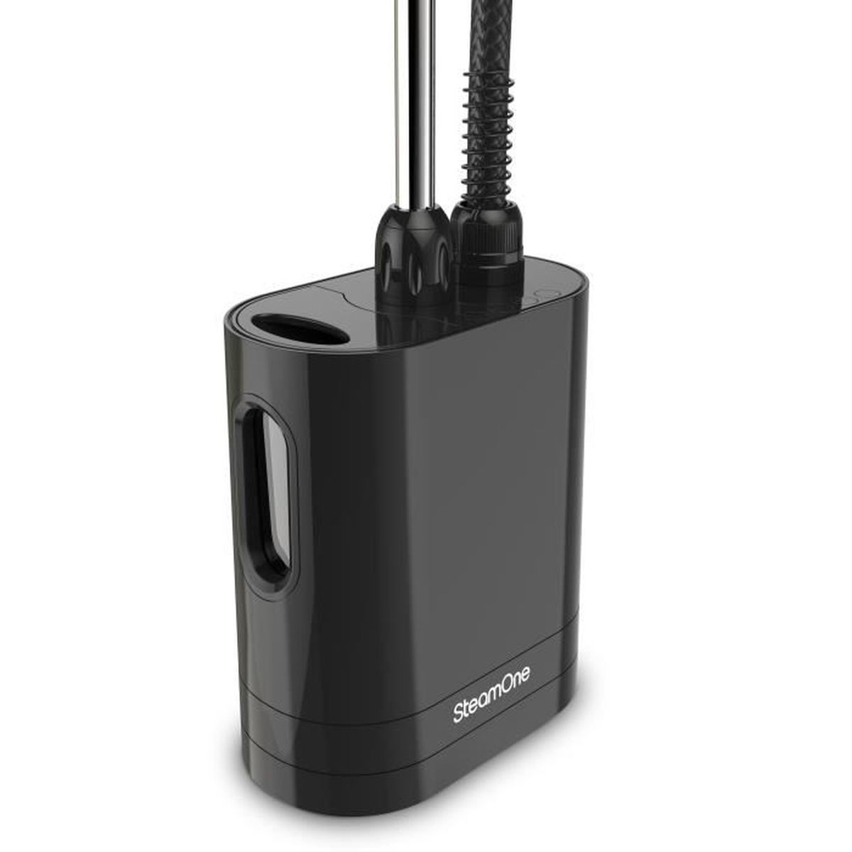 Vaporiera per abiti nera e lucida su sfondo bianco.