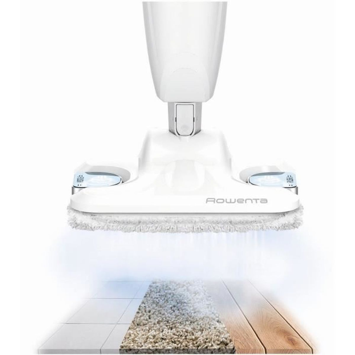 Biały mop parowy Rowenta czyszczący podłogę. Widoczne płytki, dywan i drewno. Widoczne logo Rowenta.