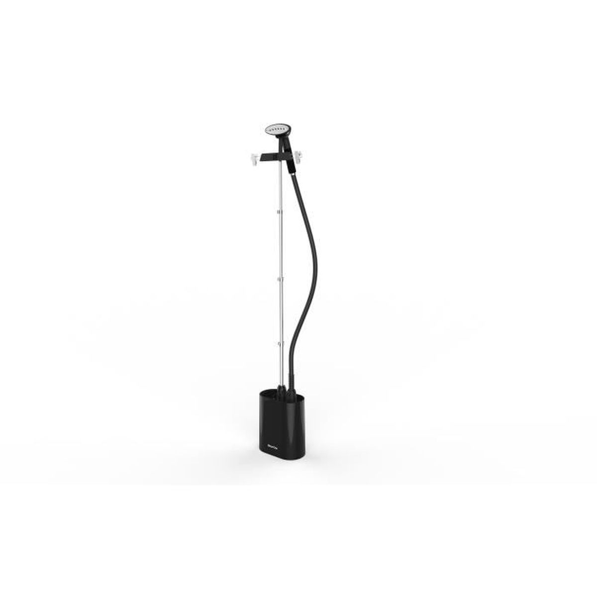 Vaporizzatore per indumenti nero con un lungo tubo curvo su sfondo bianco.