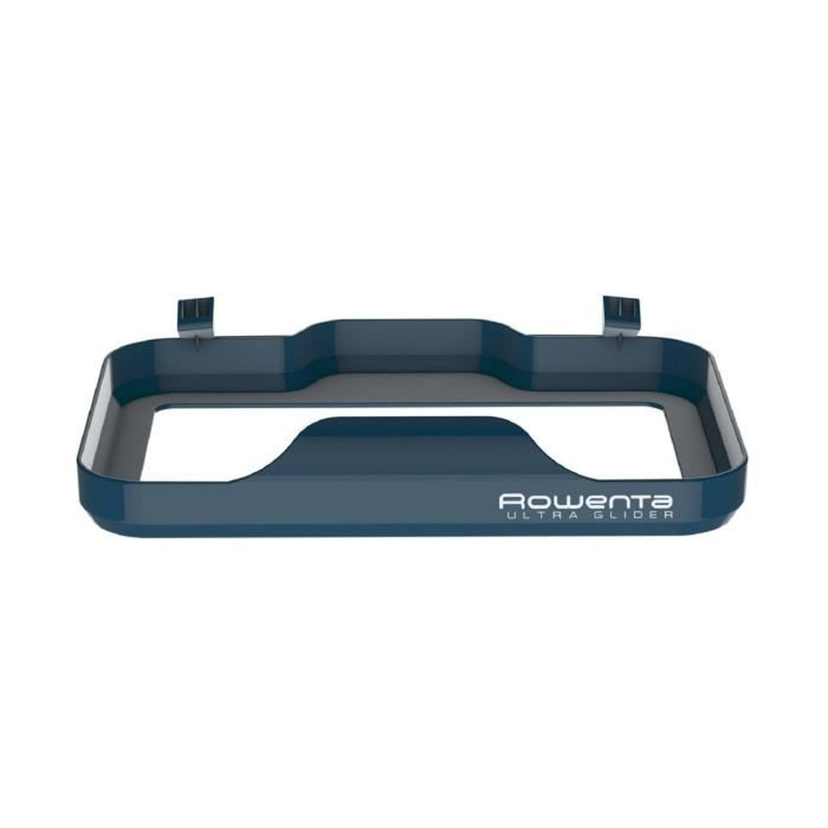 Niebieska podstawa żelazka Rowenta Ultra Glider. Podstawa jest niebieska. Zawiera dwa klipsy mocujące.