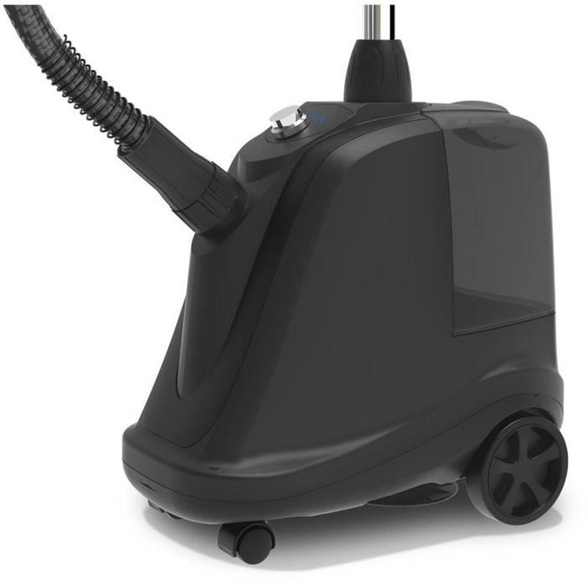 Un pulitore a vapore nero con un tubo lungo e flessibile e ruote. Ha un serbatoio dell'acqua e comandi sulla parte superiore.