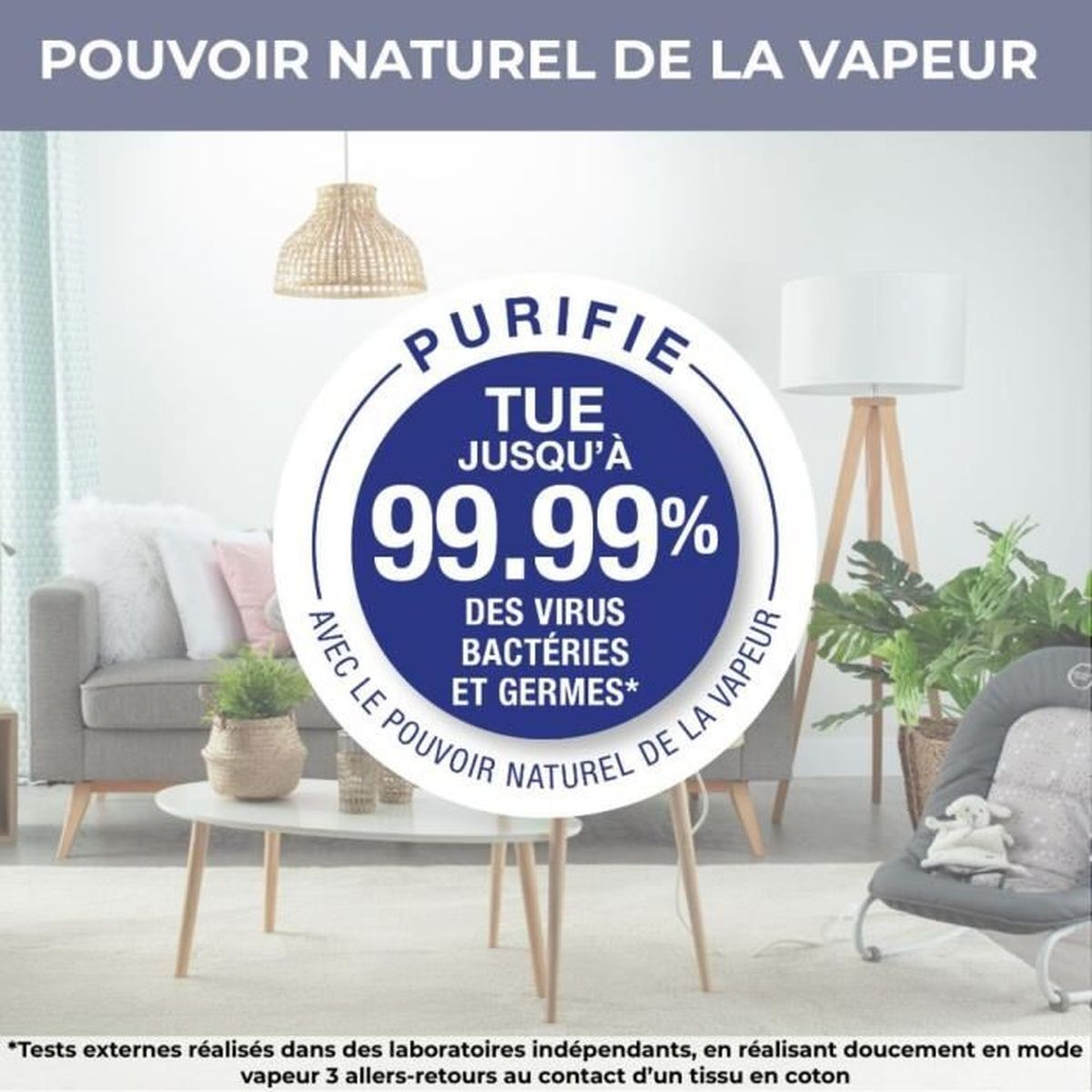 Ein Kreis mit Text, der besagt: 'Purifie, Tue jusqu'à 99.99% des virus bactéries et germes'.